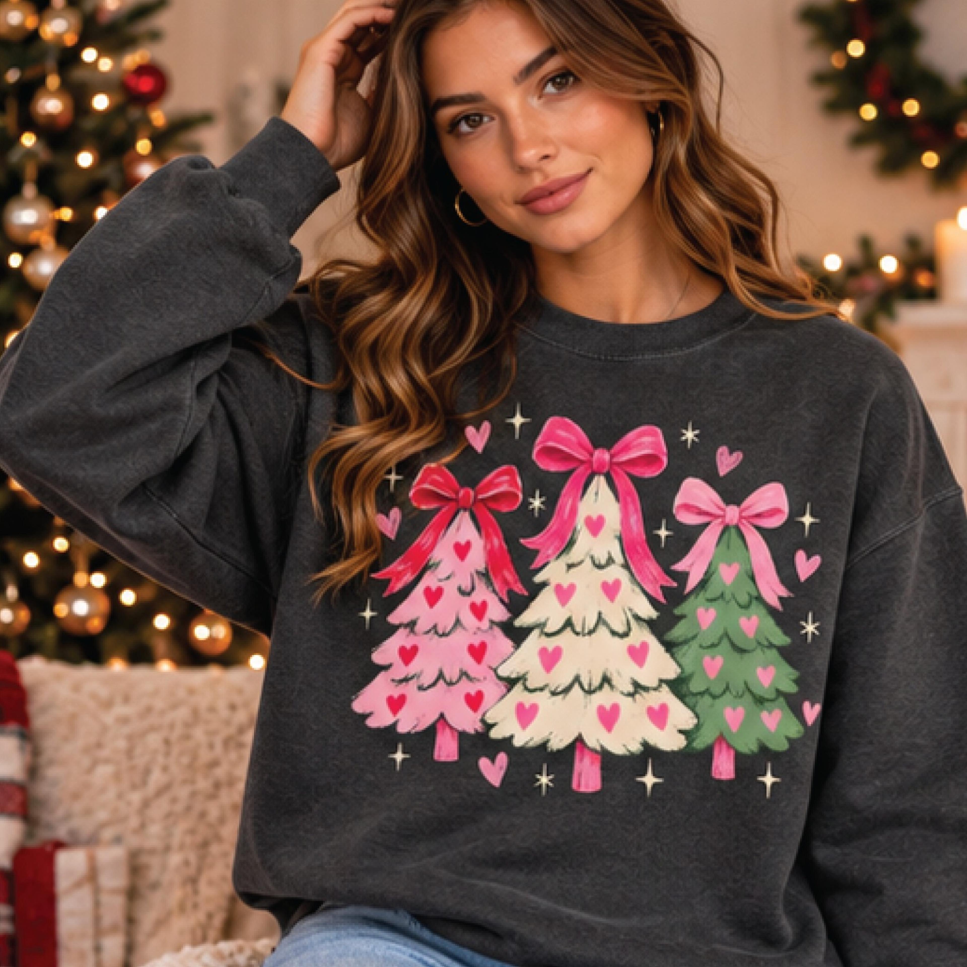 coquette christmas tree sweatshirt, pink bow christmas crewneck, cute holiday sweatshirt, retro xmas gift for adults