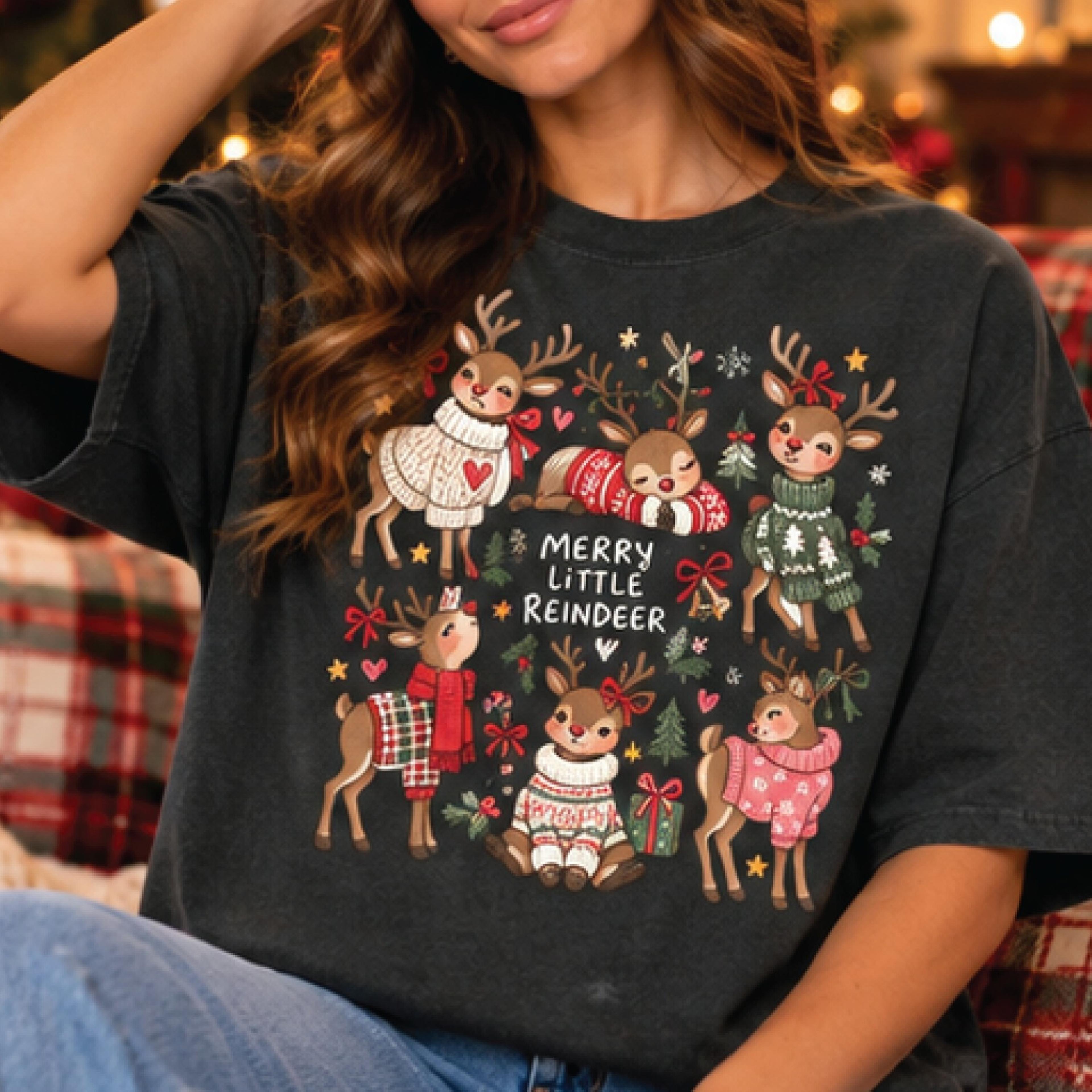 merry little reindeer christmas t-shirt, cute holiday reindeer tee, vintage xmas shirt, festive winter gift for adults