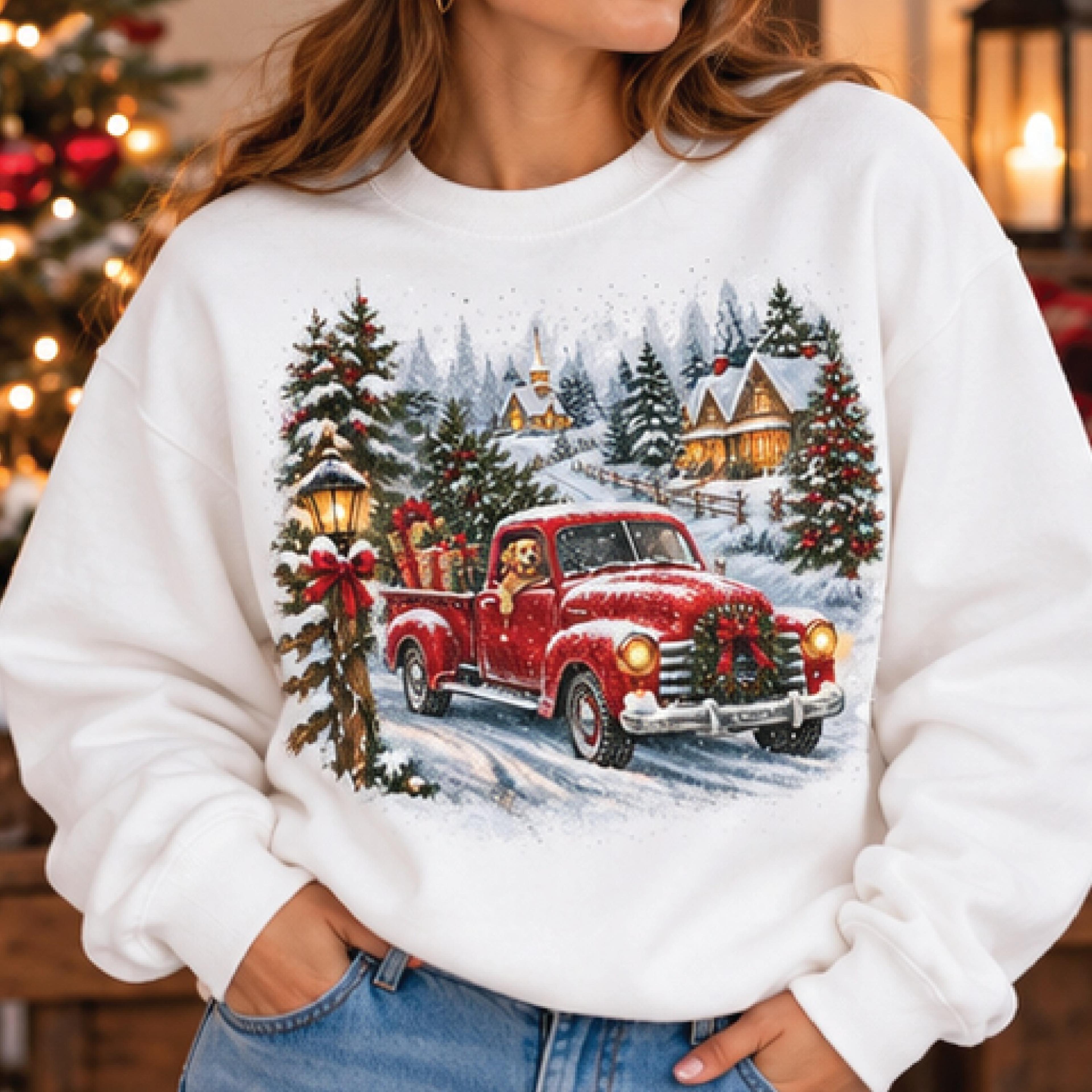 vintage christmas truck sweatshirt, retro red pickup truck christmas crewneck, snowy winter village holiday gift