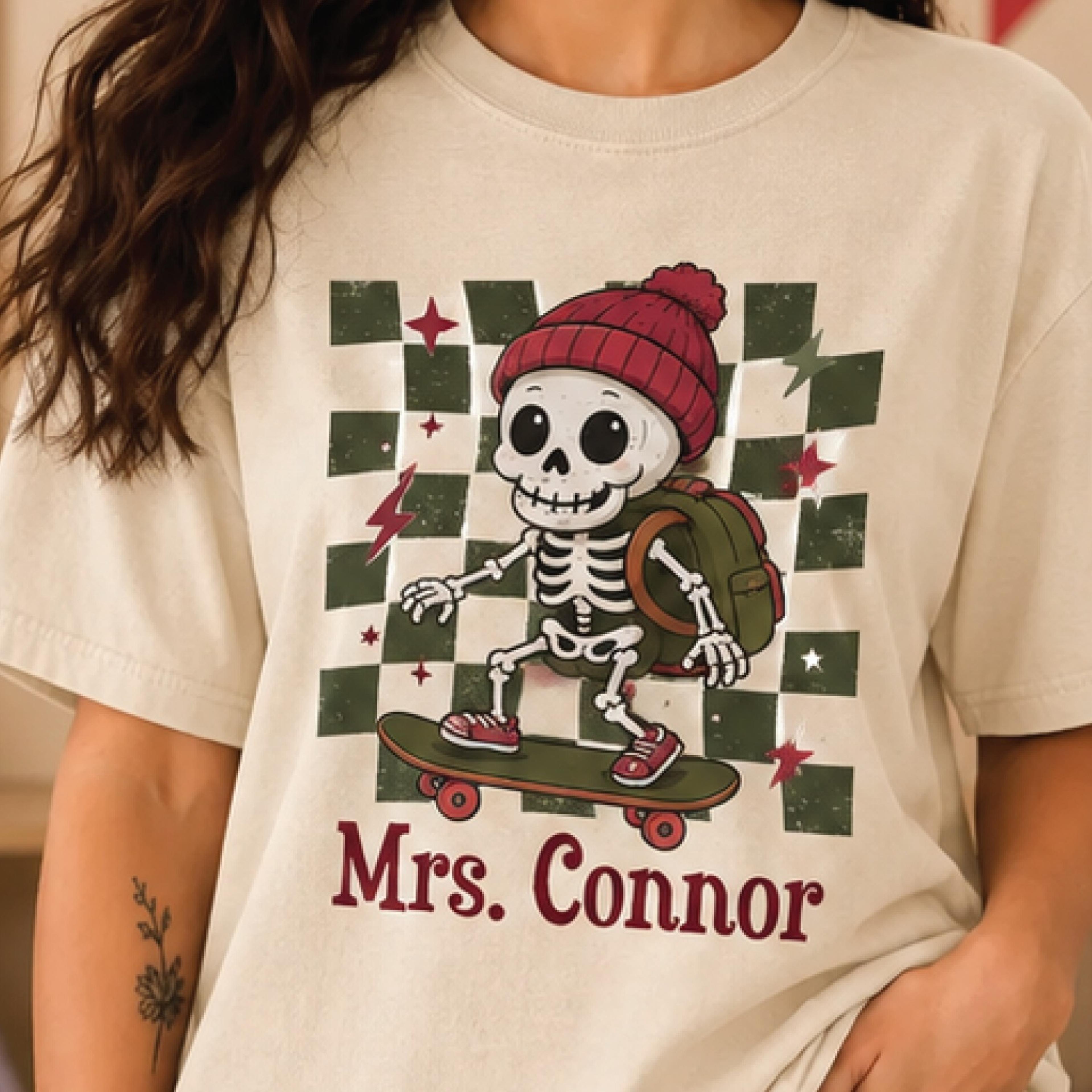 personalized skeleton teacher shirt, custom teacher name t-shirt, cute skateboard skeleton tee, retro back to school