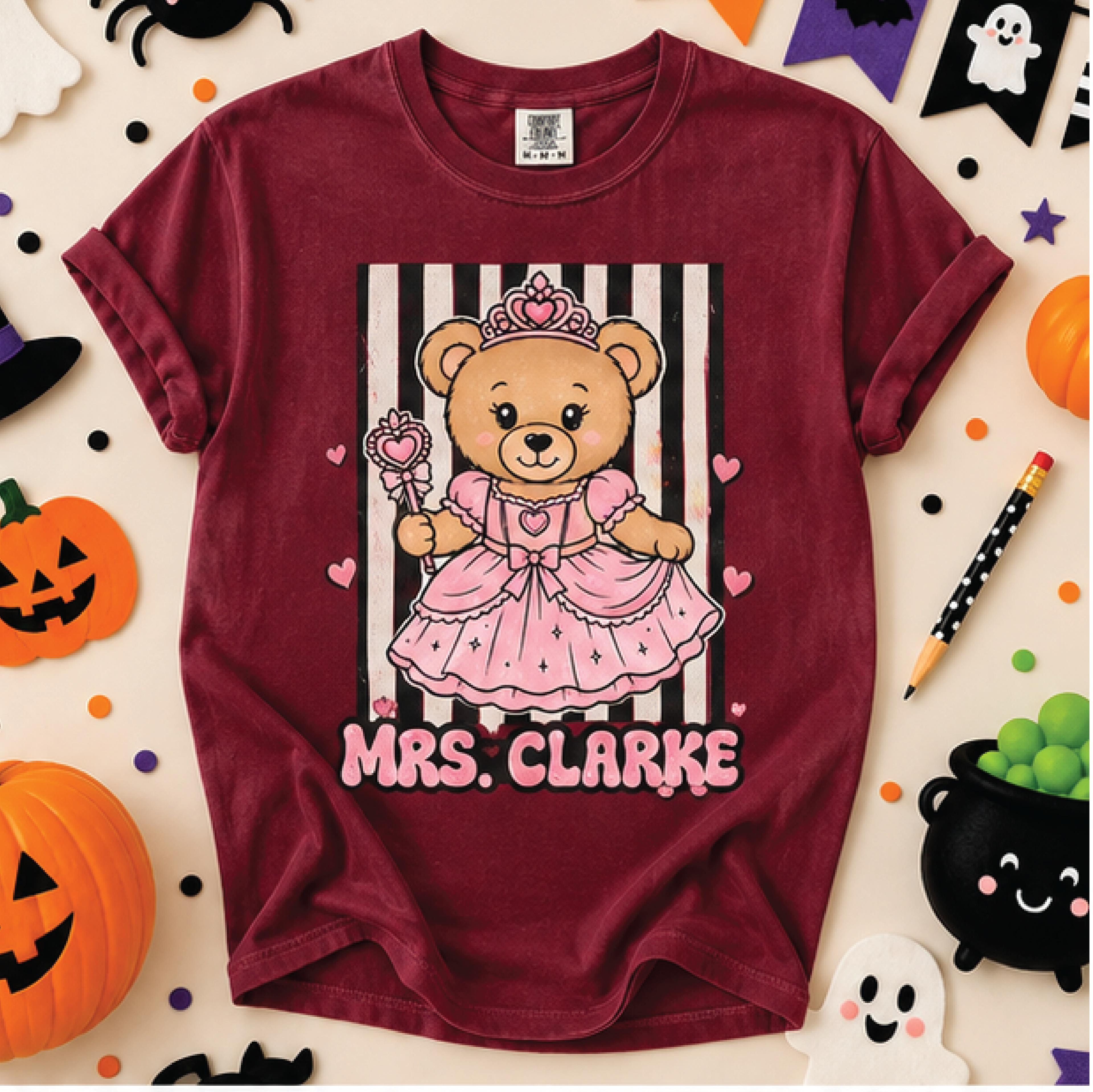 personalized princess bear teacher shirt, custom teacher name tee, cute pink teddy bear halloween t-shirt, princess