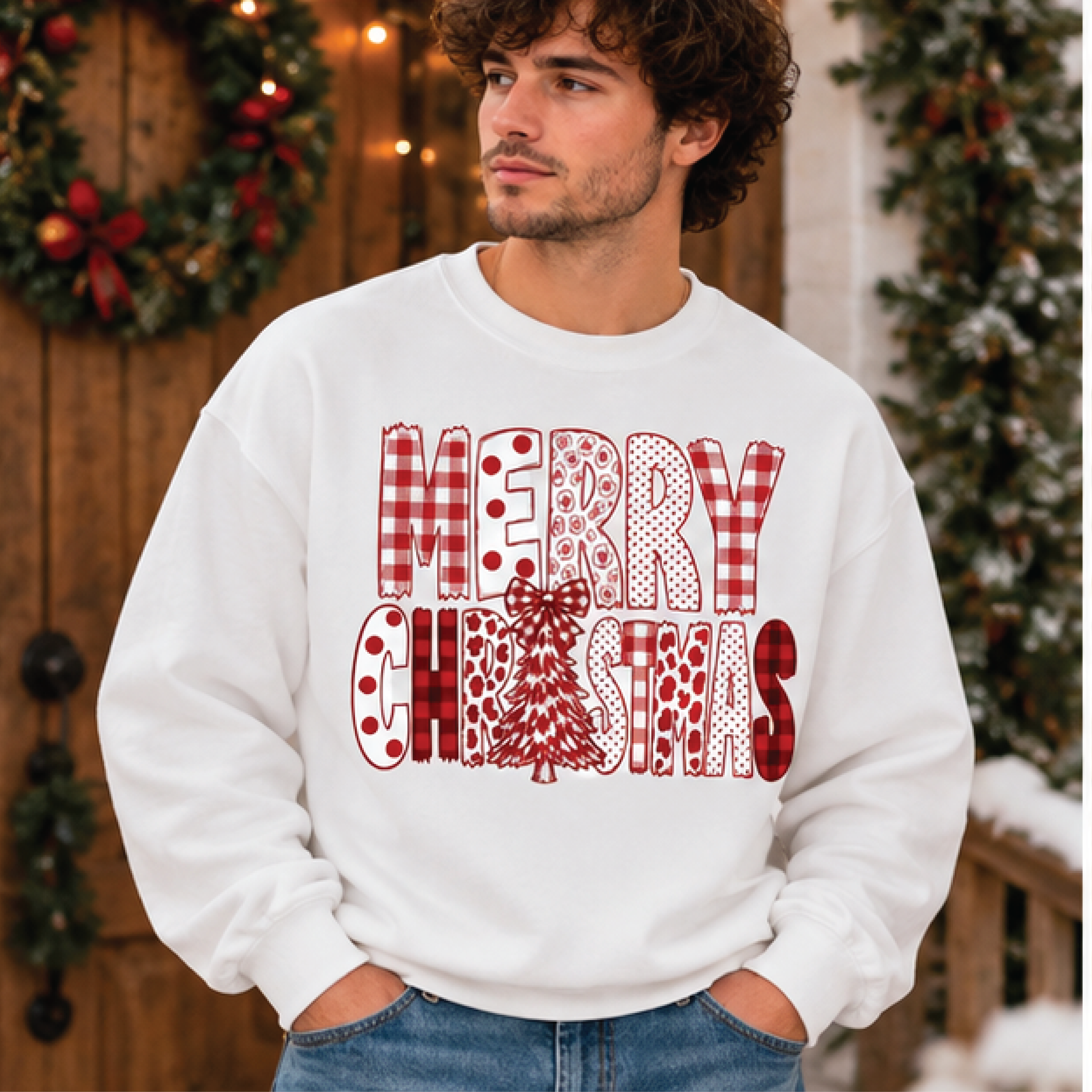 merry christmas sweatshirt, red plaid christmas crewneck, coquette bow holiday shirt, retro xmas tree graphic pullover
