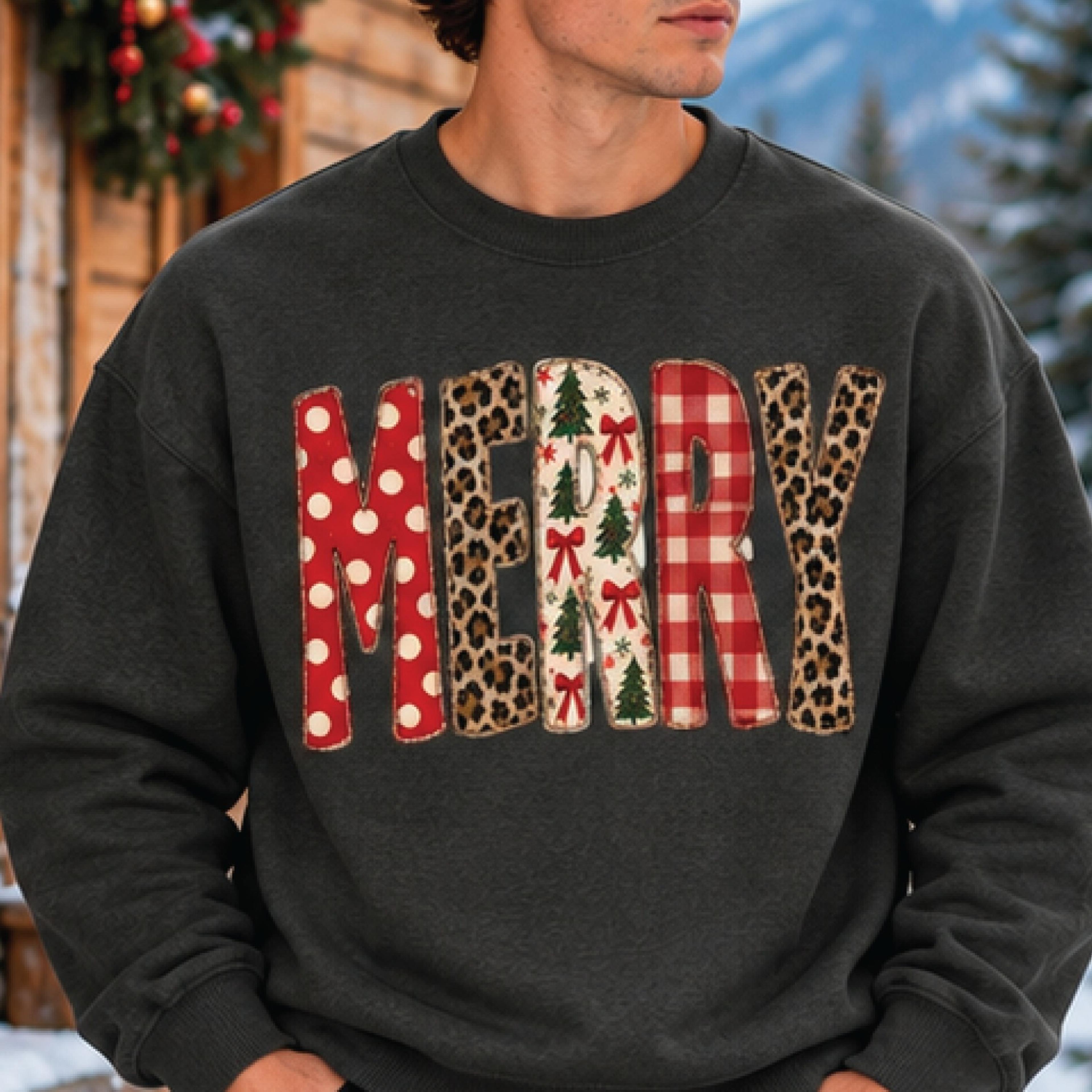 merry christmas sweatshirt, leopard print merry crewneck, red plaid holiday pullover, retro christmas sweatshirt, unisex
