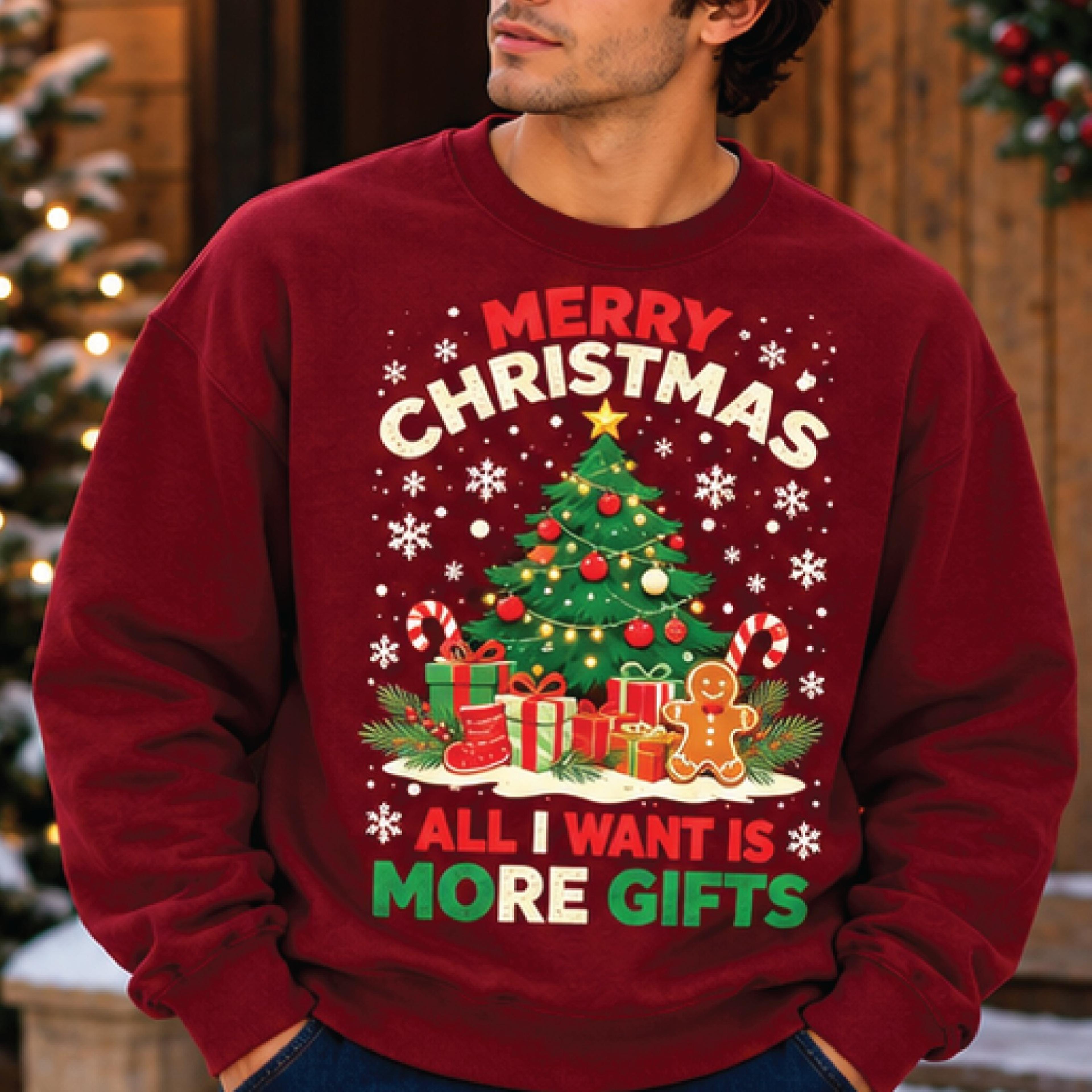 merry christmas more gifts sweatshirt, funny christmas crewneck, cute christmas tree graphic sweater, holiday gift