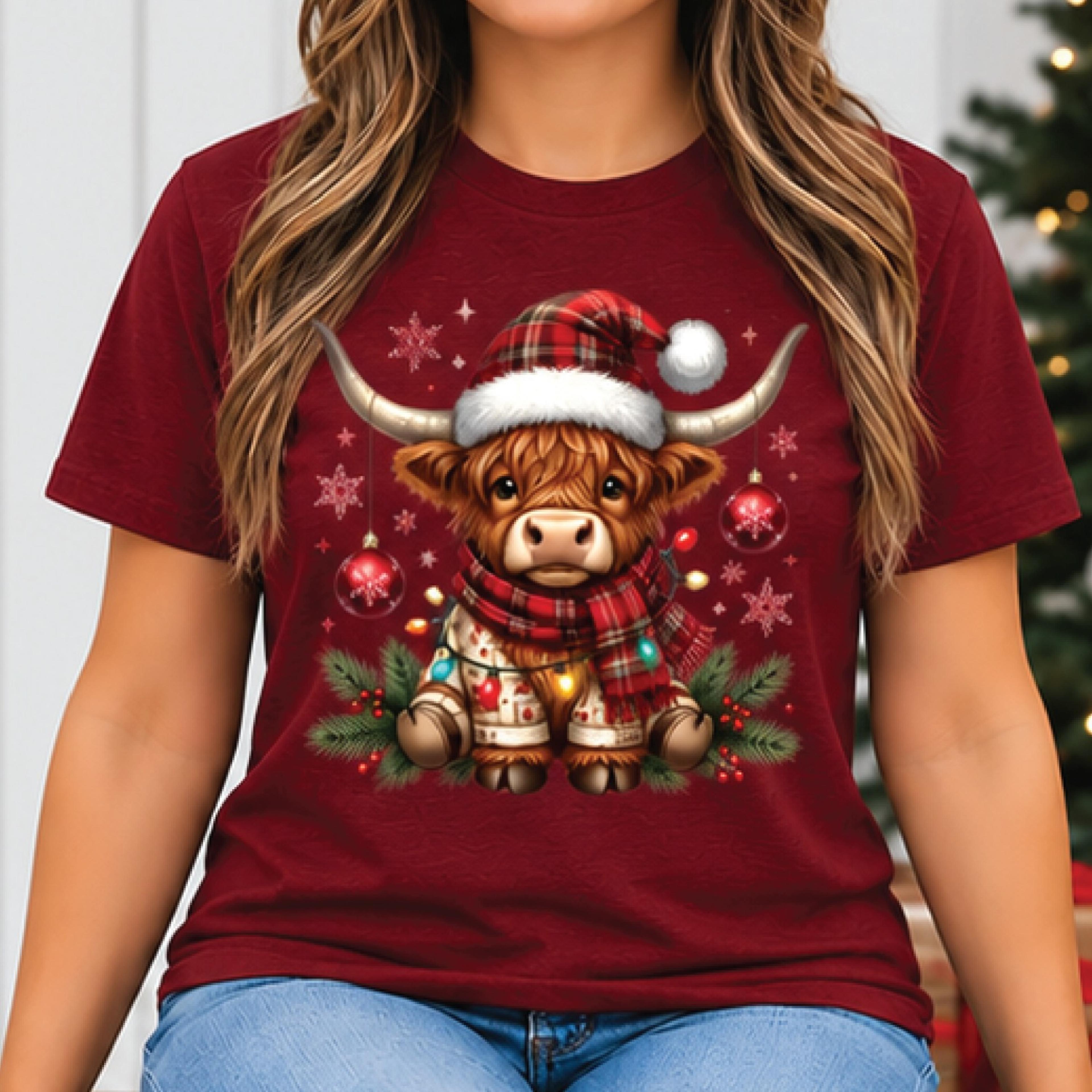 cute christmas highland cow shirt, santa hat cow graphic tee, festive farm animal t-shirt, holiday gift, unisex adult