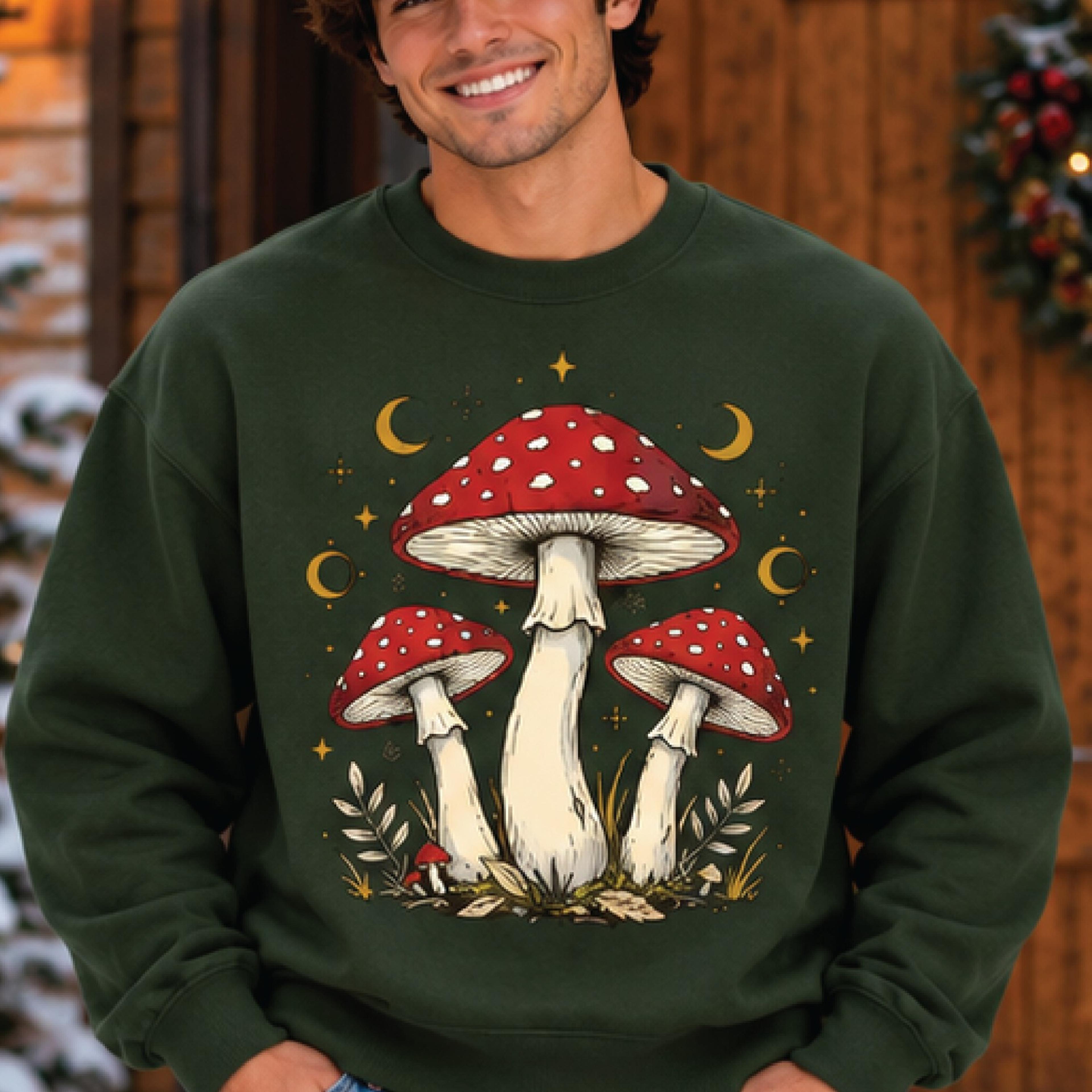 vintage mushroom sweatshirt, retro amanita muscaria graphic crewneck, cottagecore botanical sweater, whimsical forest