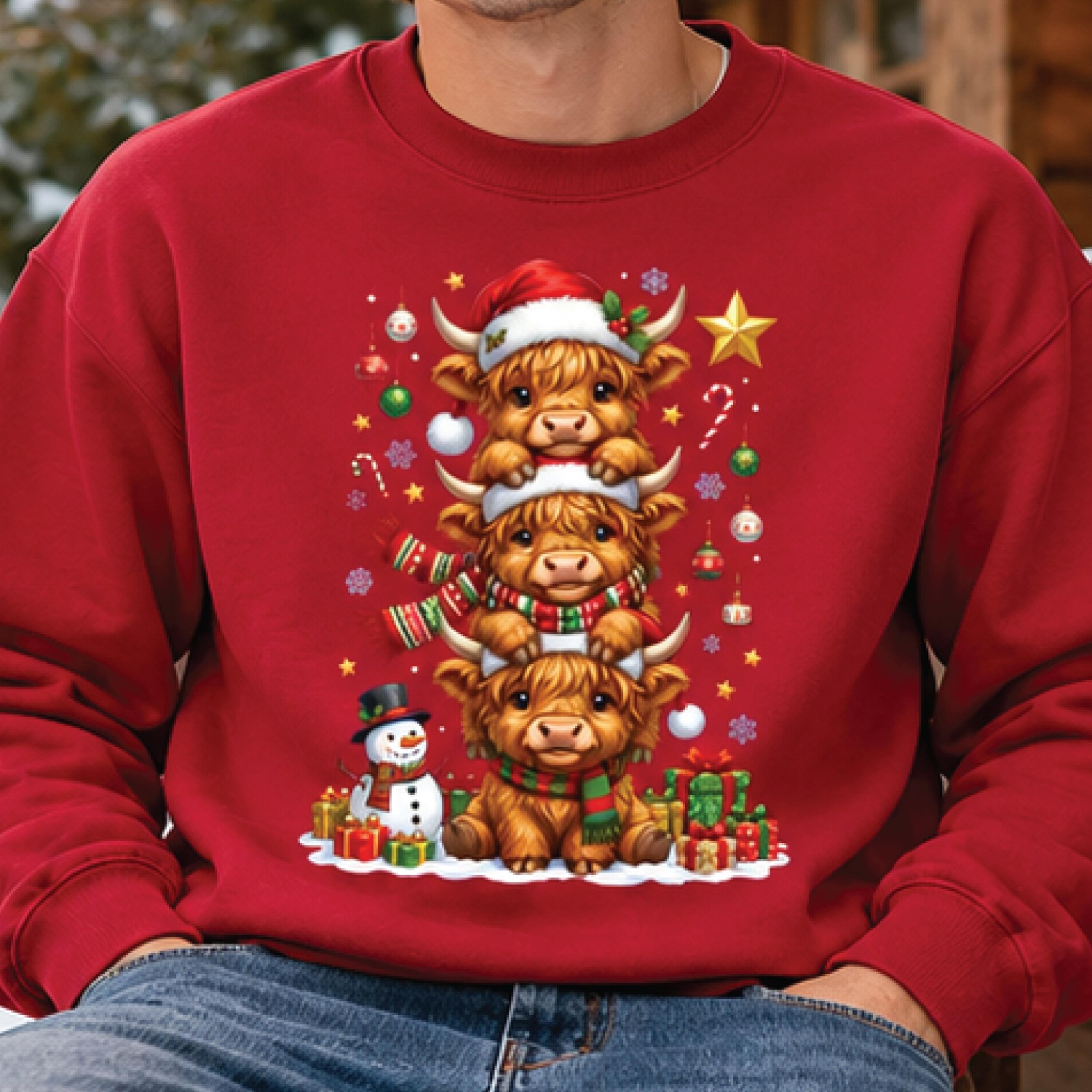 christmas highland cow sweatshirt, cute three highland cows graphic crewneck, festive cow lover gift, unisex holiday