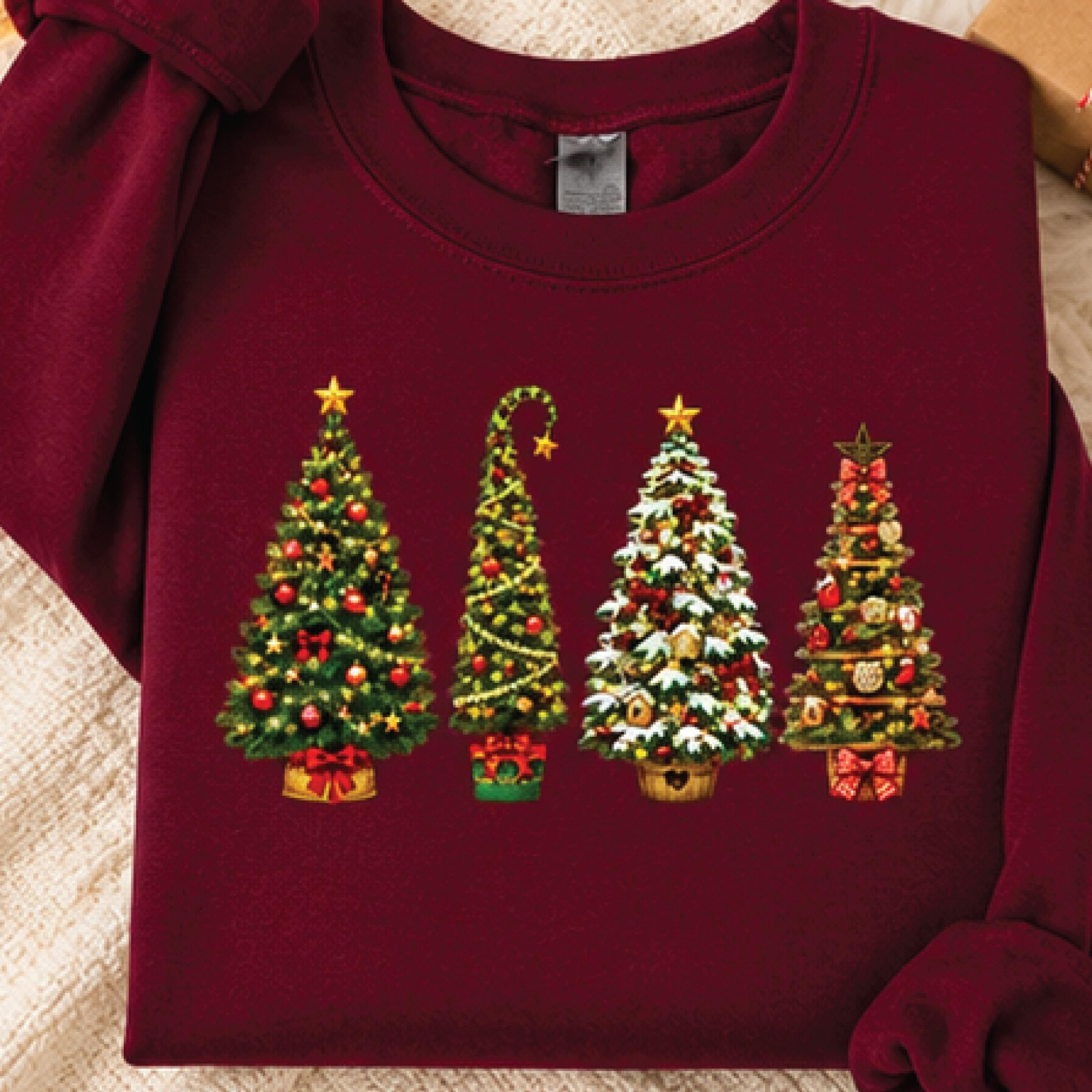four christmas trees sweatshirt, vintage christmas tree graphic crewneck, festive holiday sweater, cozy xmas gift