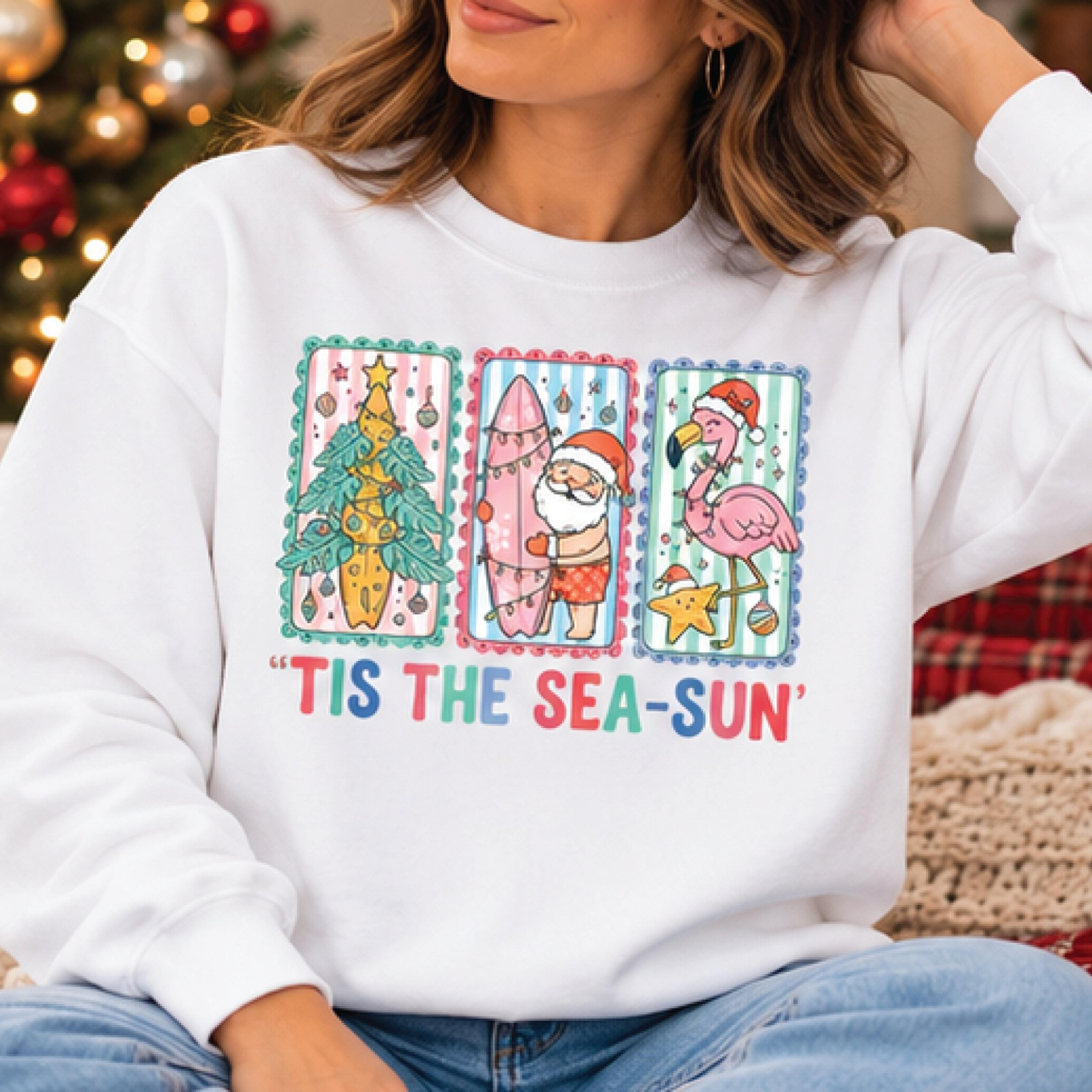 tis the sea-sun christmas sweatshirt, coastal santa surfboard crewneck, pink flamingo holiday sweater, beach christmas
