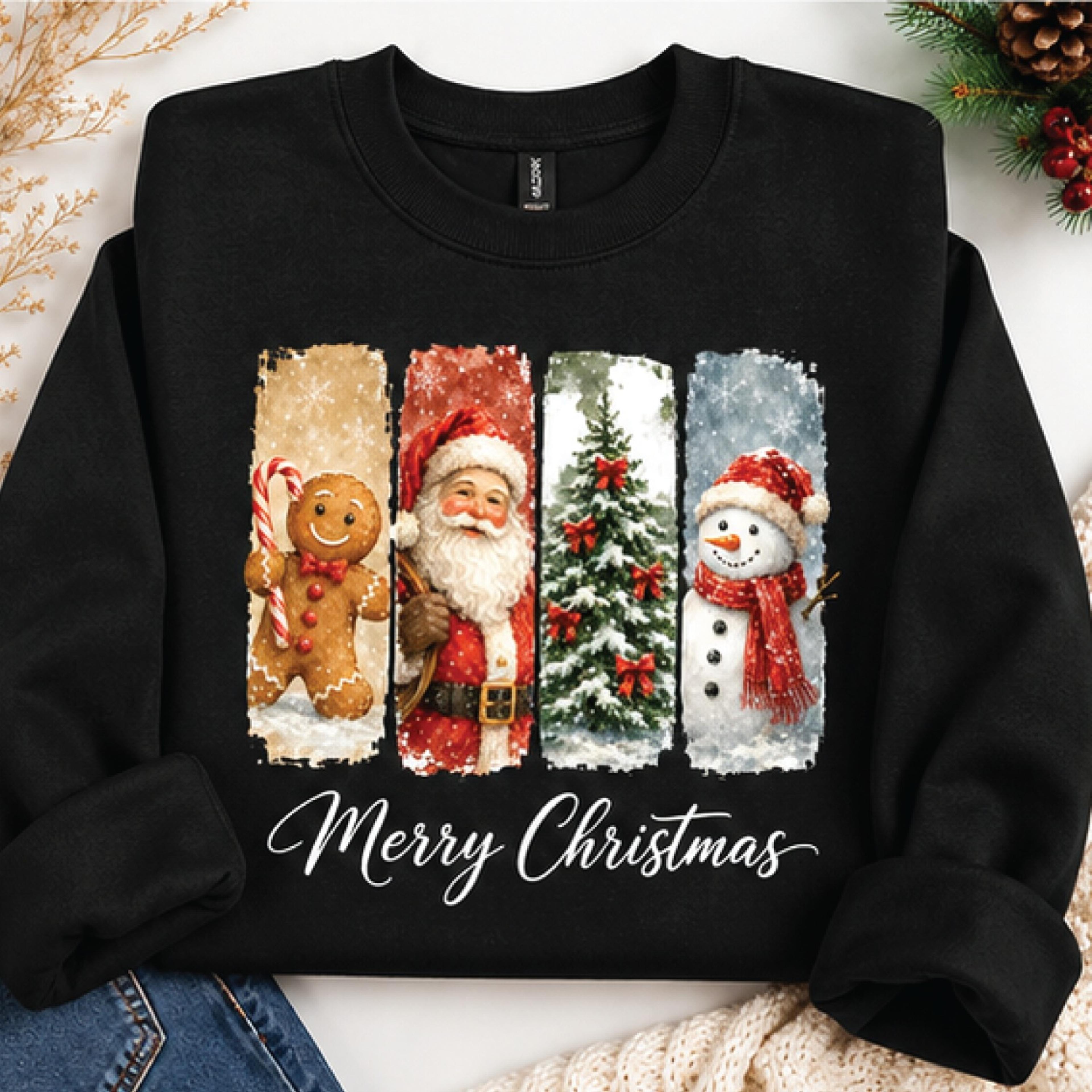 merry christmas sweatshirt, vintage santa gingerbread snowman christmas tree crewneck, retro holiday sweater, unisex