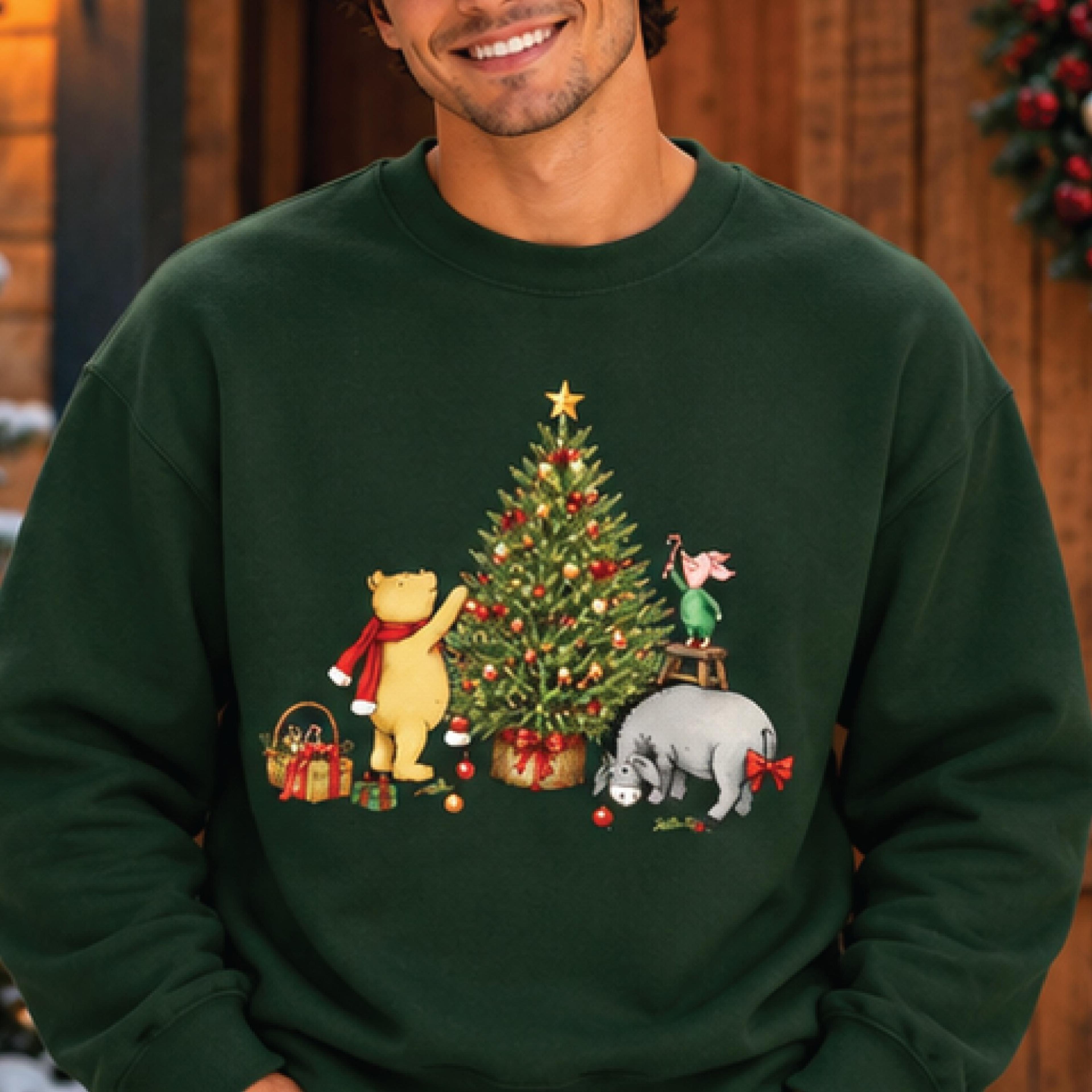 cute christmas animals sweatshirt, bear decorating christmas tree with donkey and pig, whimsical holiday crewneck