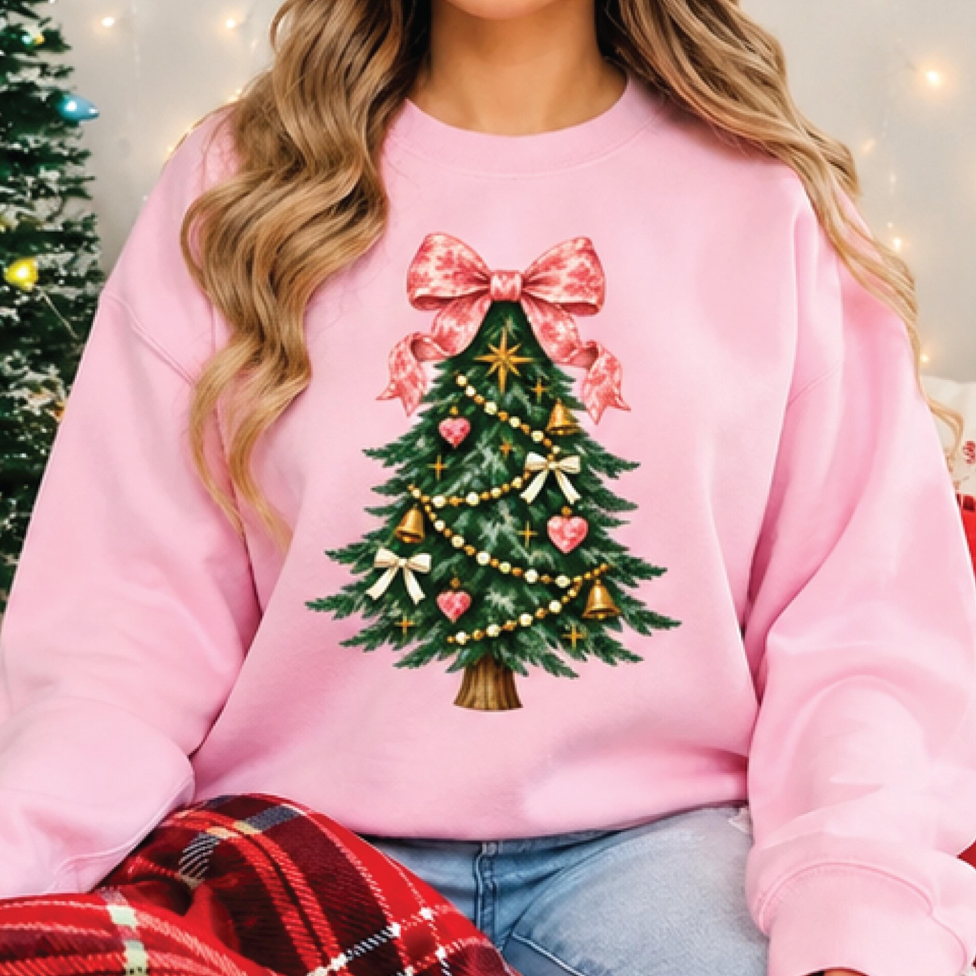 pink bow christmas tree sweatshirt, coquette christmas crewneck, vintage holiday tree sweater, cute festive xmas gift