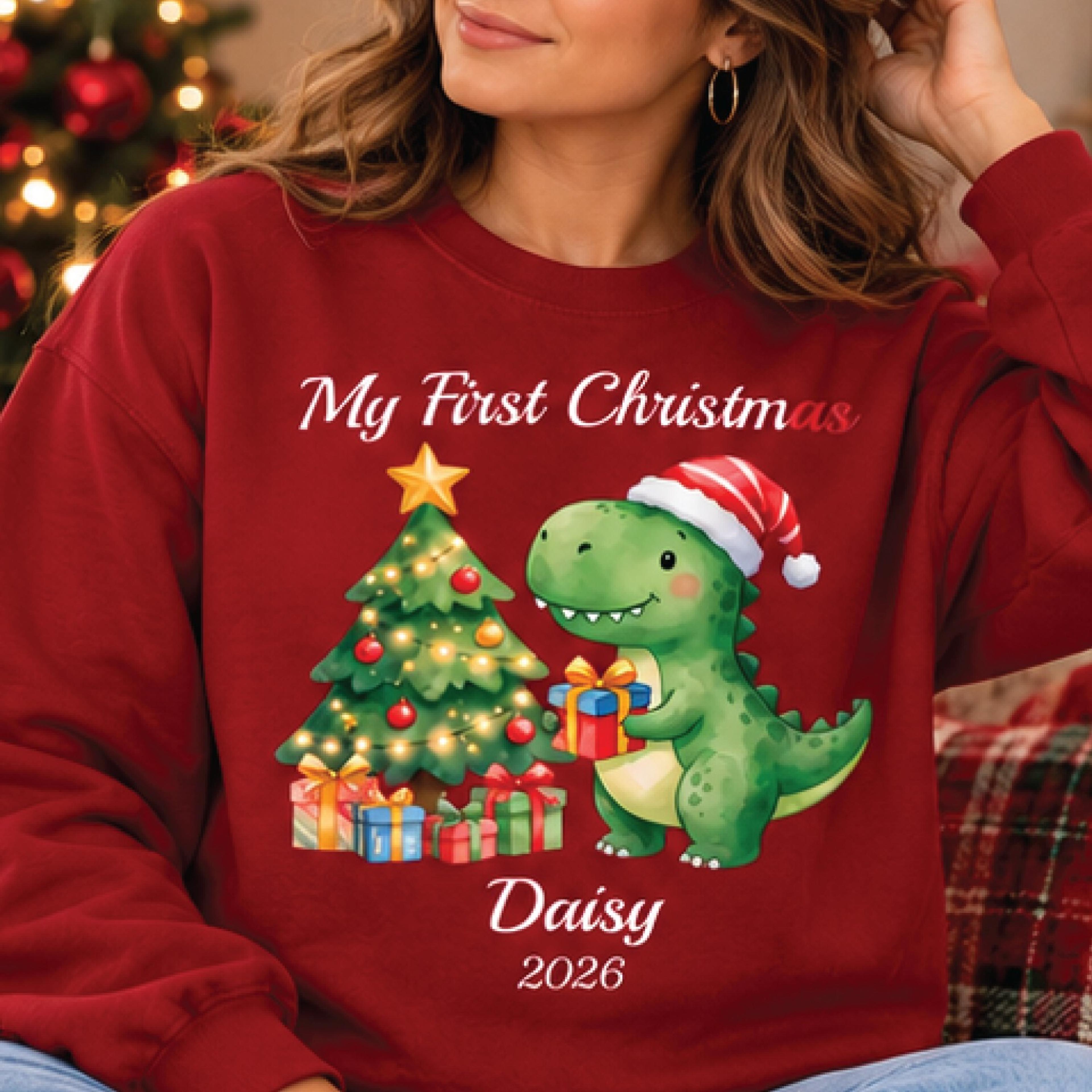 personalized my first christmas dinosaur sweatshirt, custom name and year christmas crewneck, cute baby dino holiday