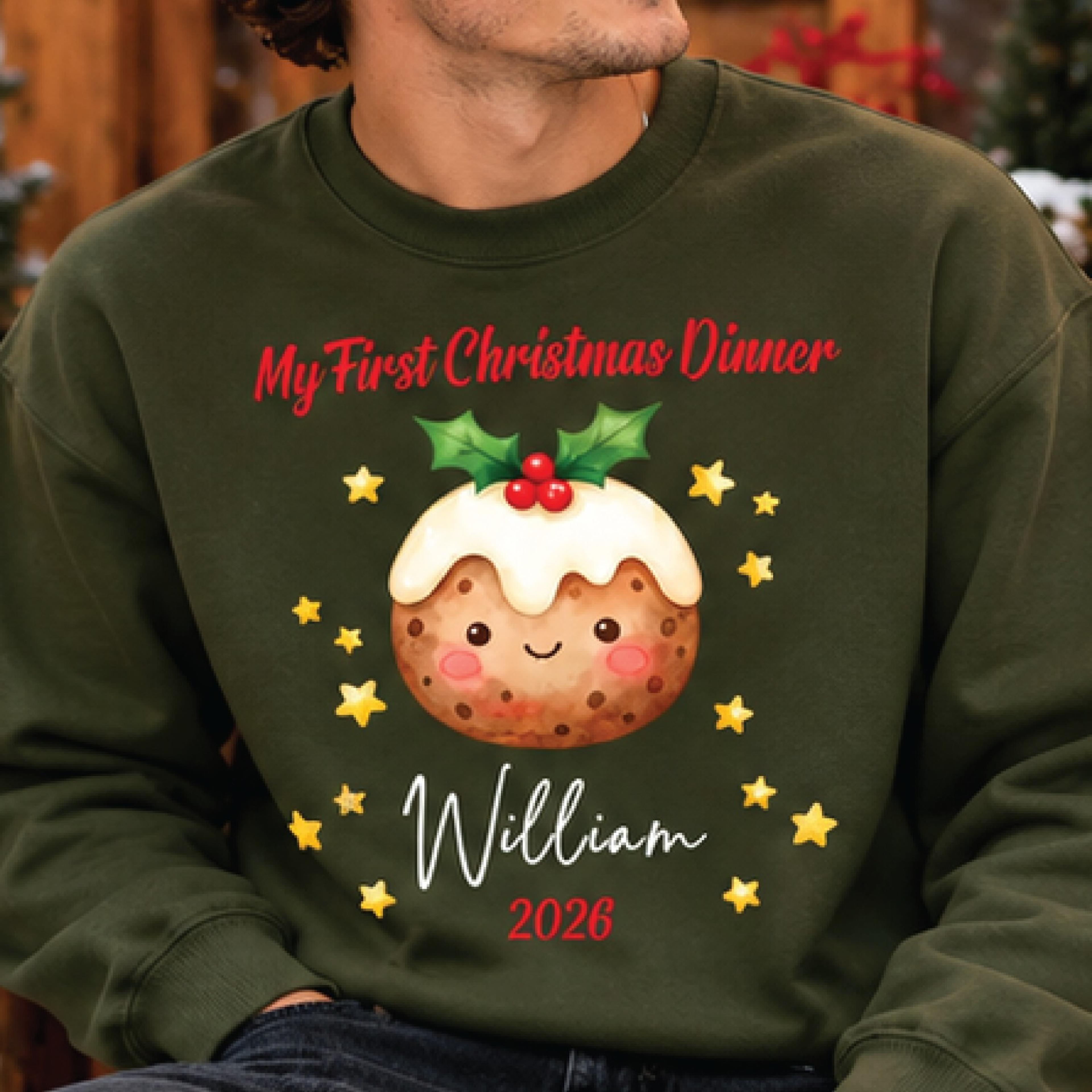 personalized my first christmas dinner sweatshirt, custom name and year christmas pudding crewneck, cute holiday gift
