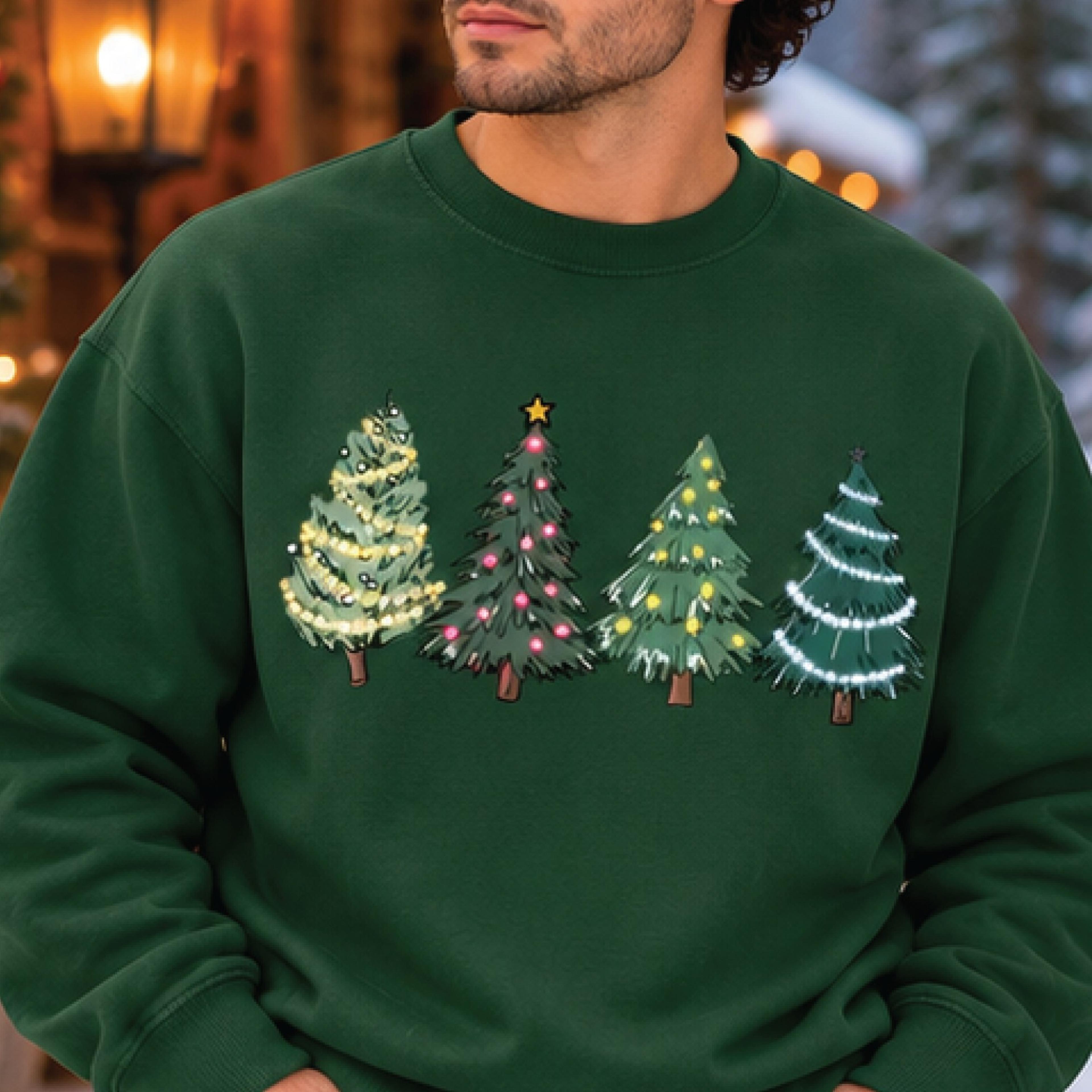 four christmas trees sweatshirt, festive holiday tree crewneck, cute minimalist christmas graphic sweater, cozy winter