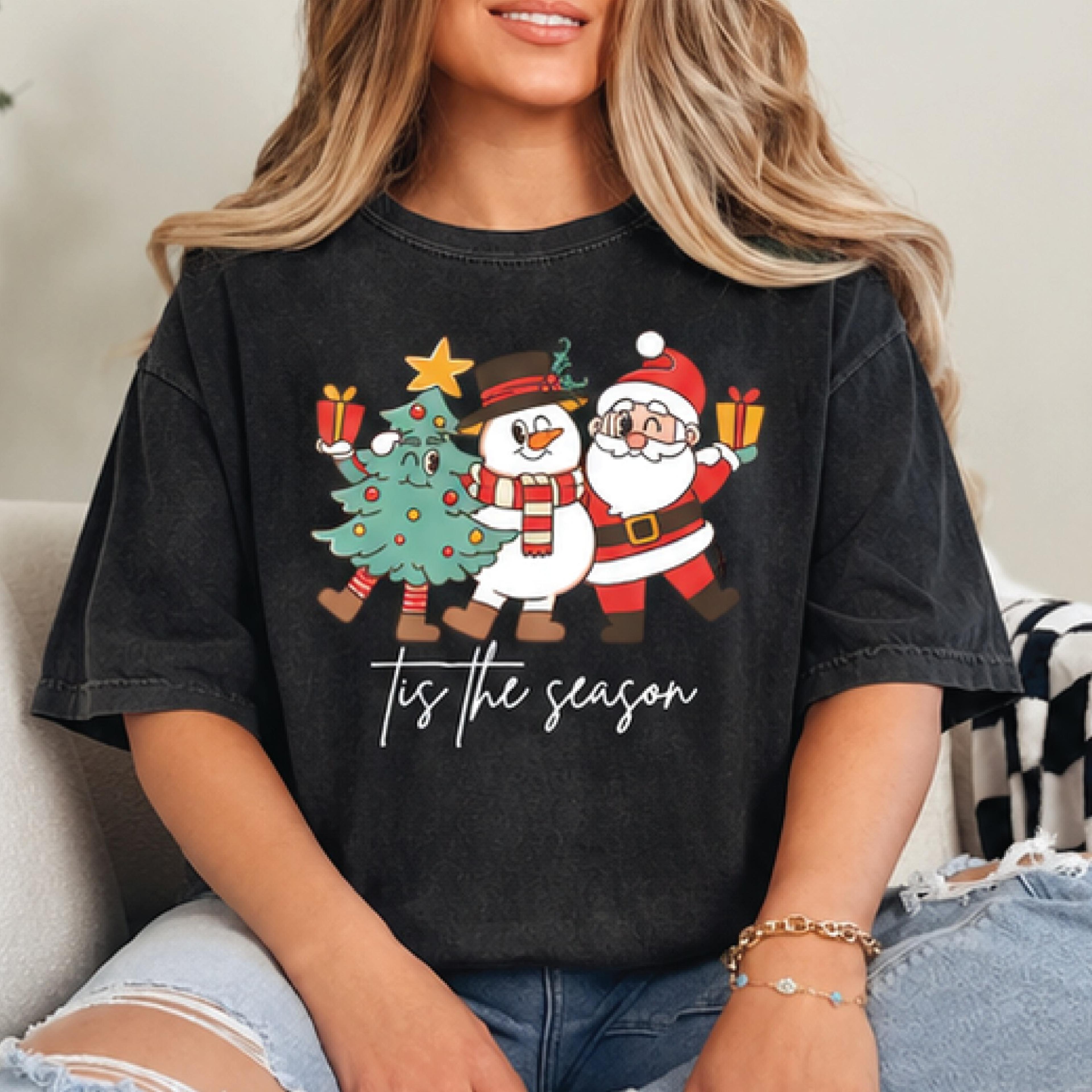 tis the season christmas t-shirt, cute santa snowman christmas tree graphic tee, festive holiday shirt, unisex xmas gift