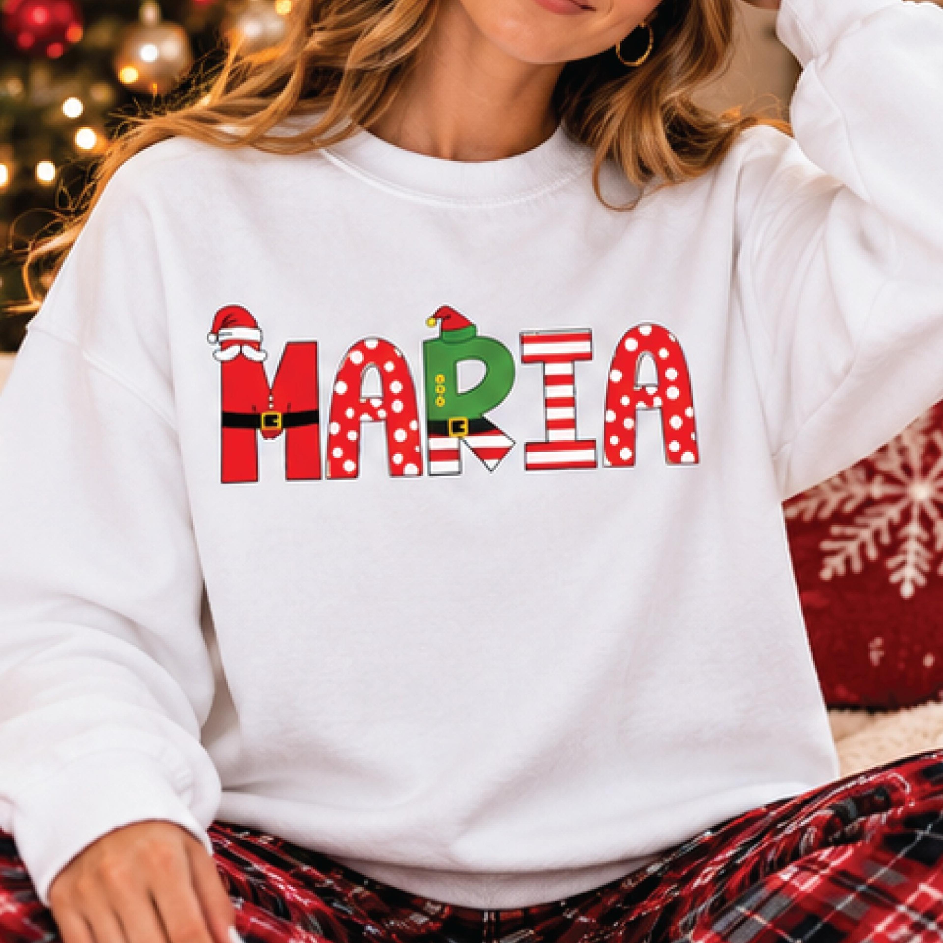 personalized maria christmas sweatshirt, festive name graphic crewneck, cute santa elf holiday pullover, custom xmas