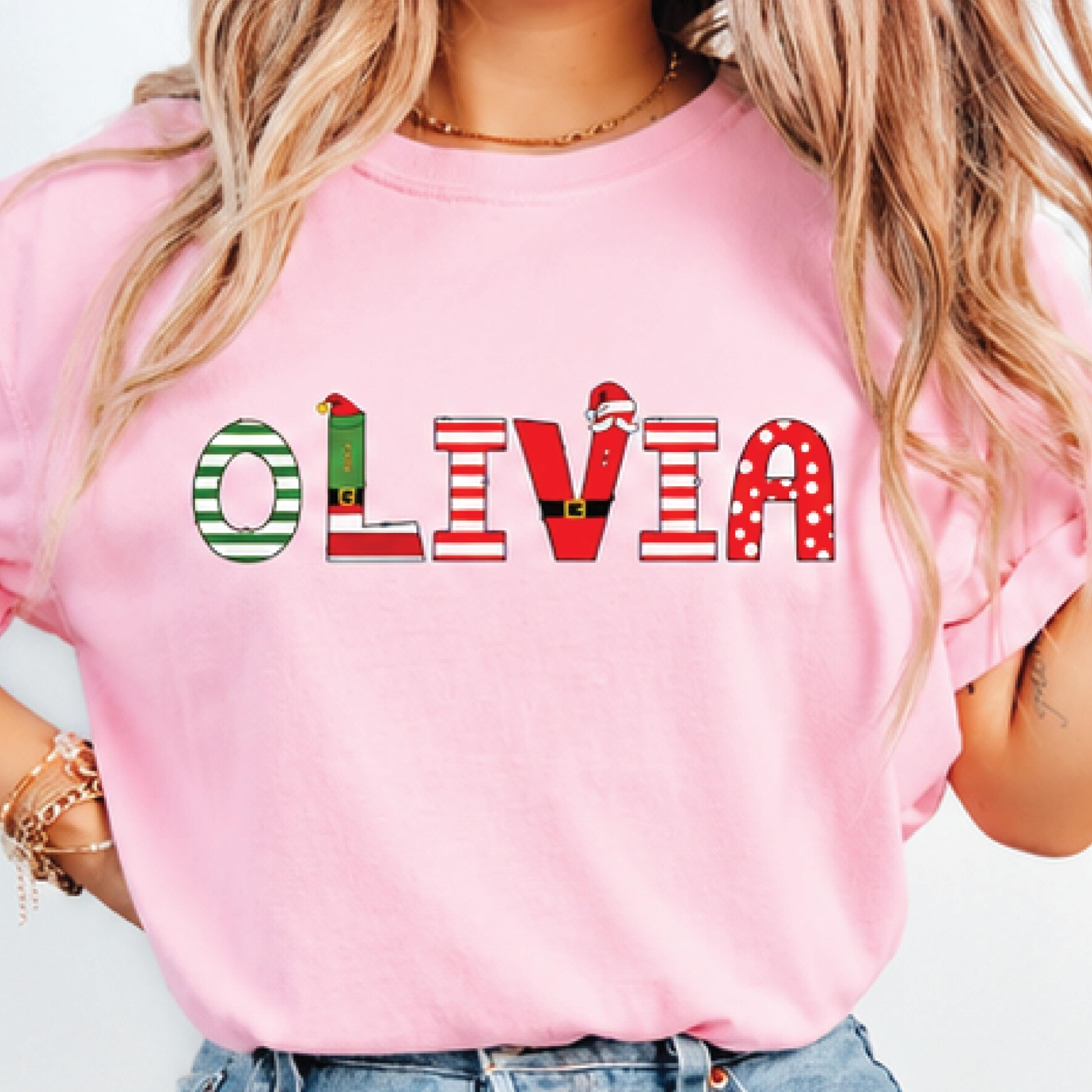 personalized olivia christmas t-shirt, custom name holiday graphic tee, cute santa elf festive shirt, unisex xmas gift