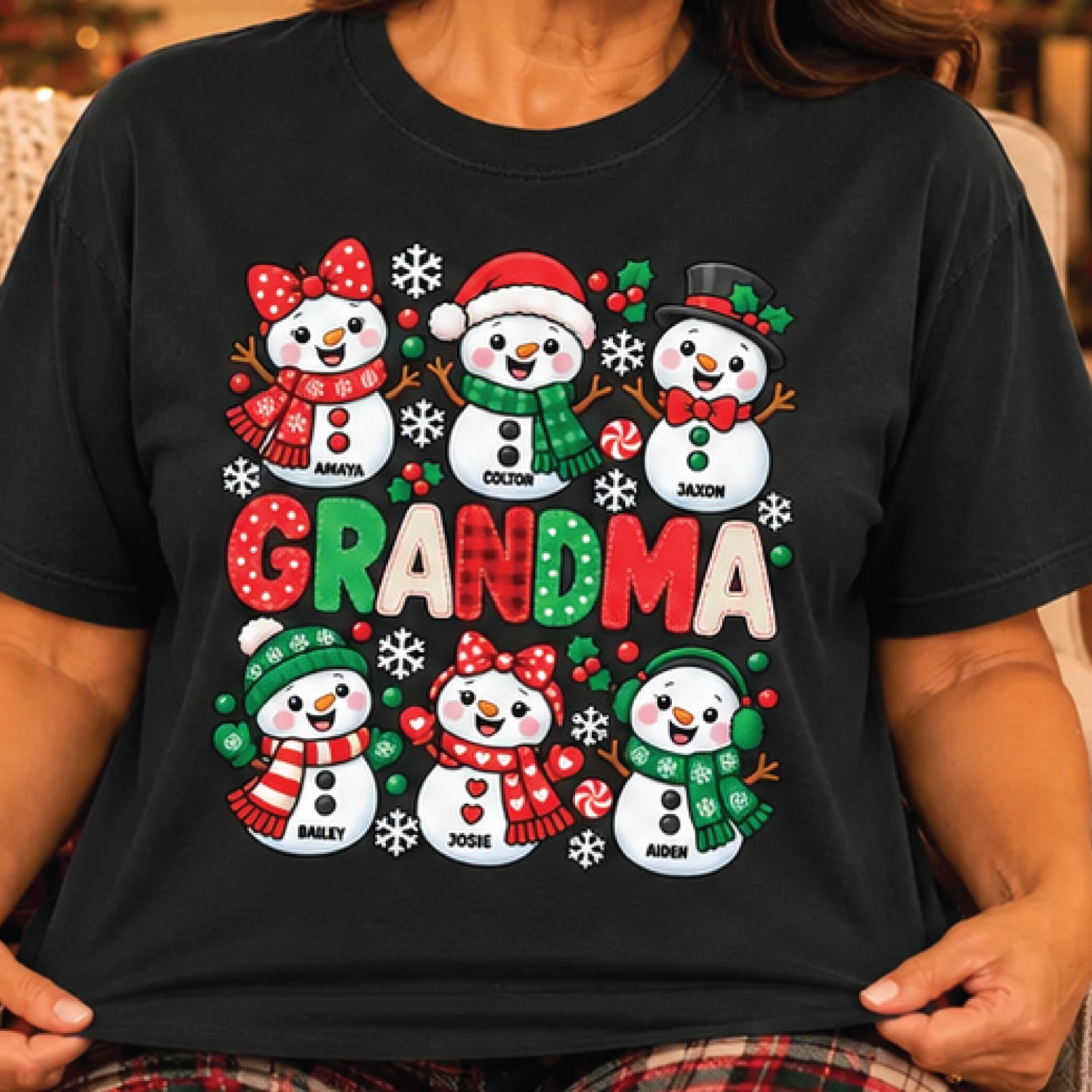personalized grandma christmas shirt, custom grandkids names snowman tee, cute holiday family gift, christmas grandma
