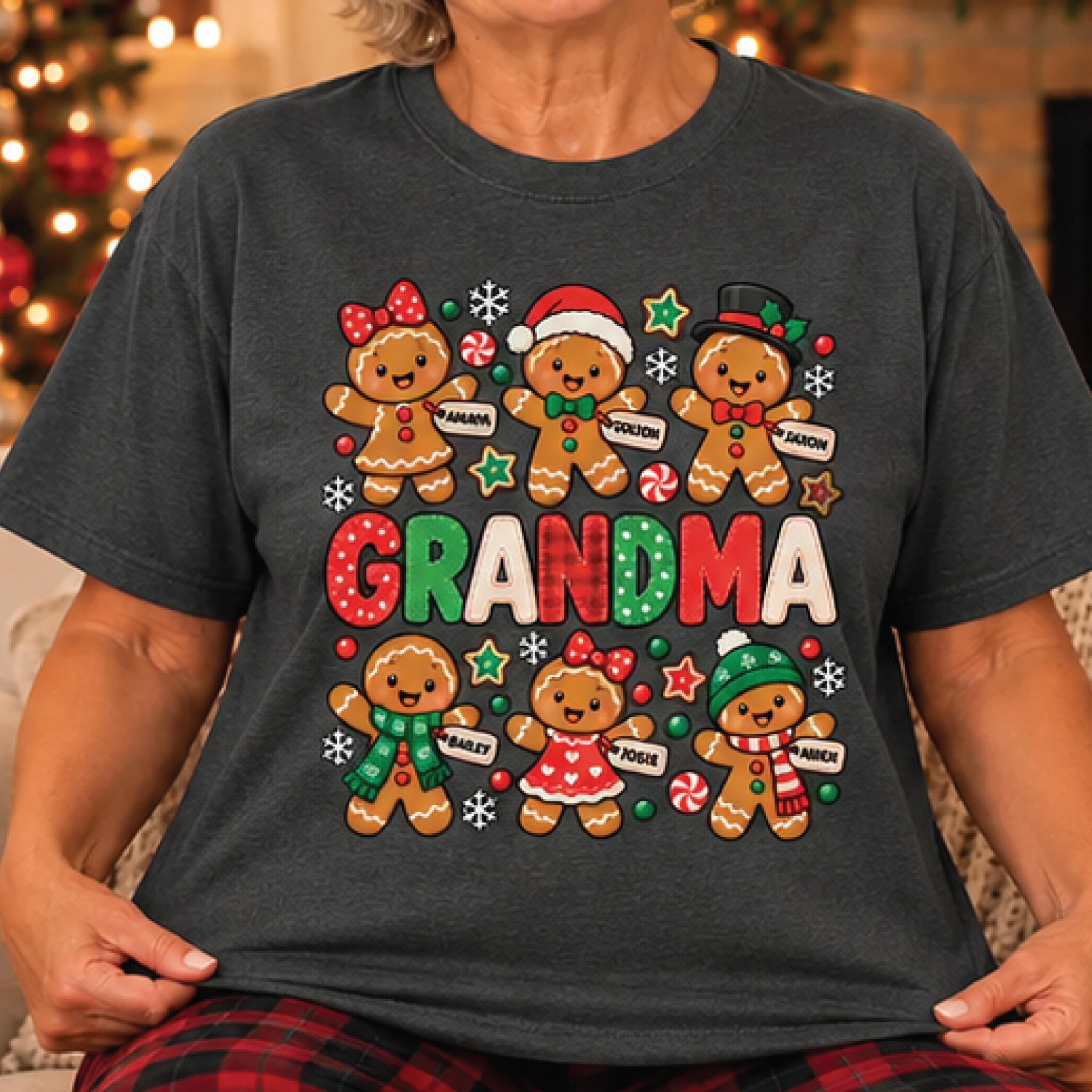 personalized grandma christmas shirt, custom grandkids names gingerbread t-shirt, cute holiday family tee, christmas