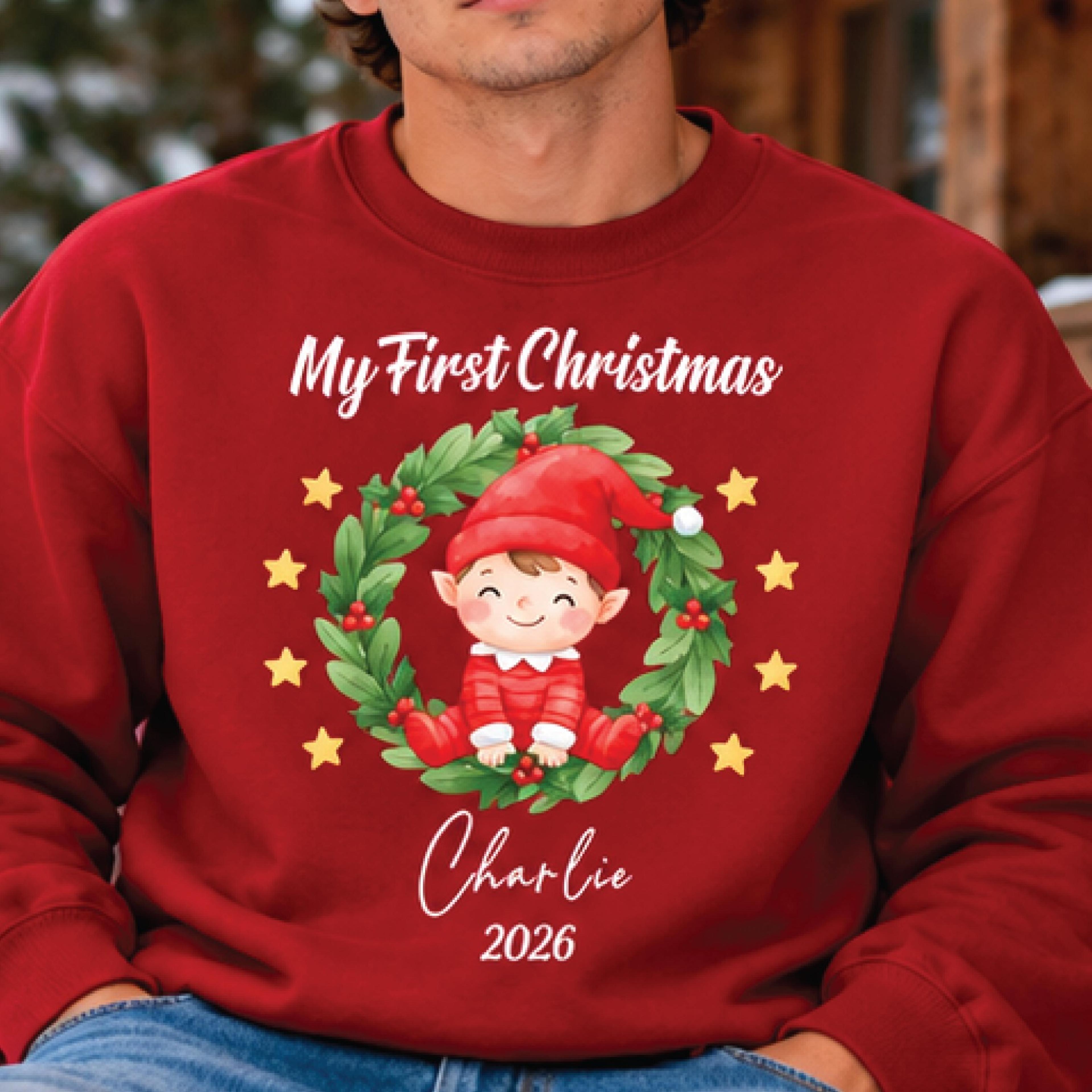 personalized my first christmas sweatshirt, custom name christmas elf crewneck, cute holiday wreath pullover, christmas