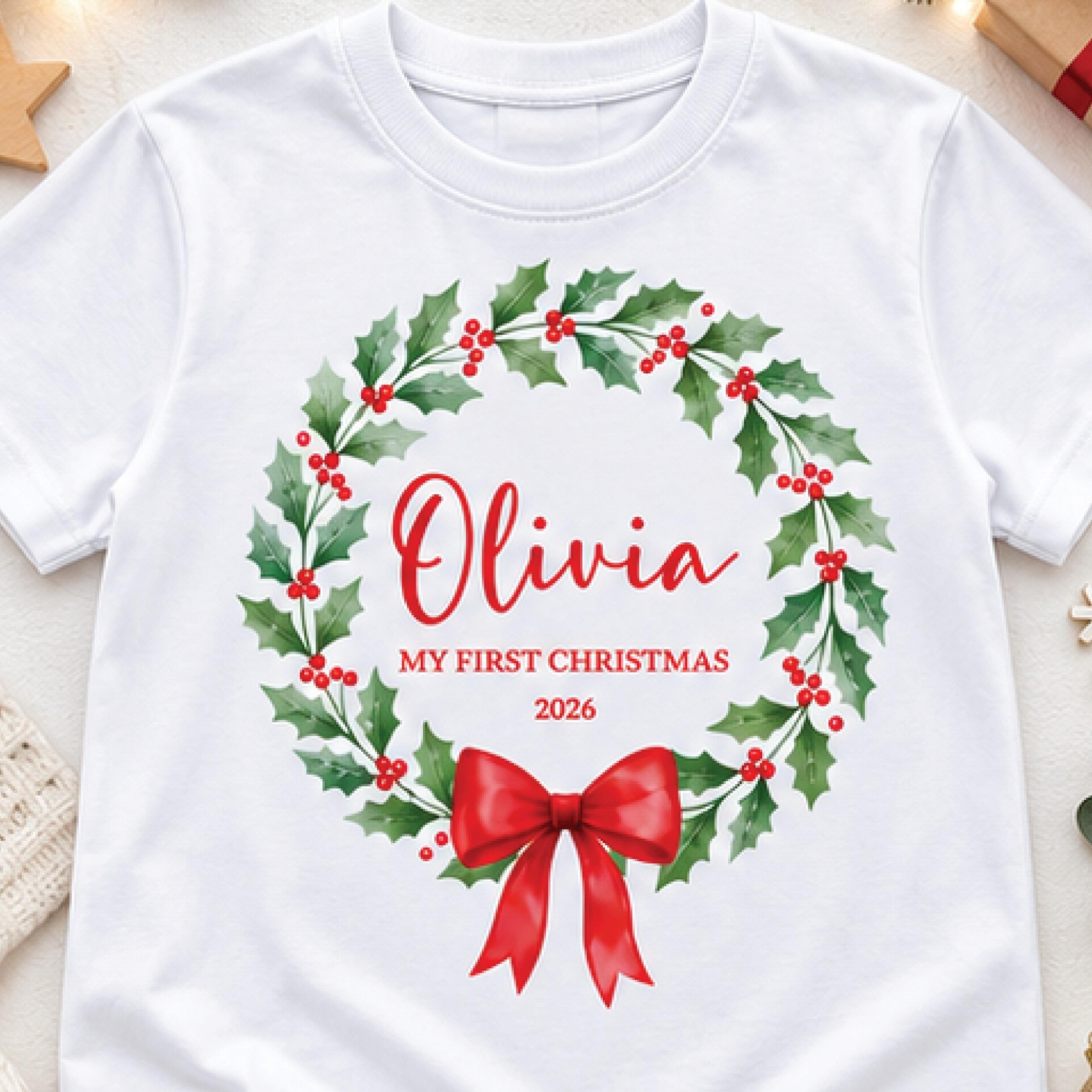 personalized baby first christmas shirt, custom name holly wreath t-shirt, my first christmas 2026 tee, baby girl