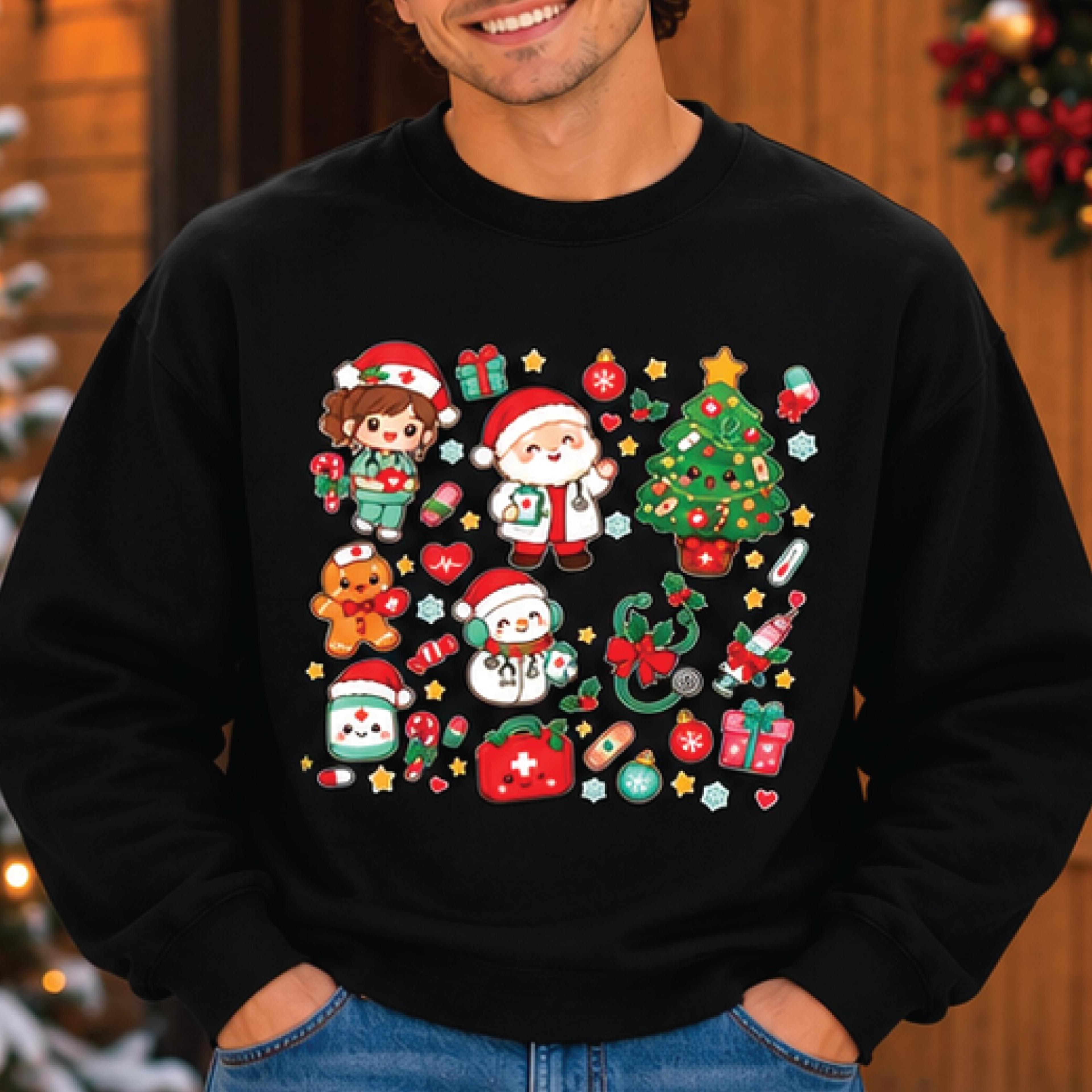 cute christmas medical shirt, kawaii nurse holiday graphic tee, santa snowman christmas tree t-shirt, healthcare worker