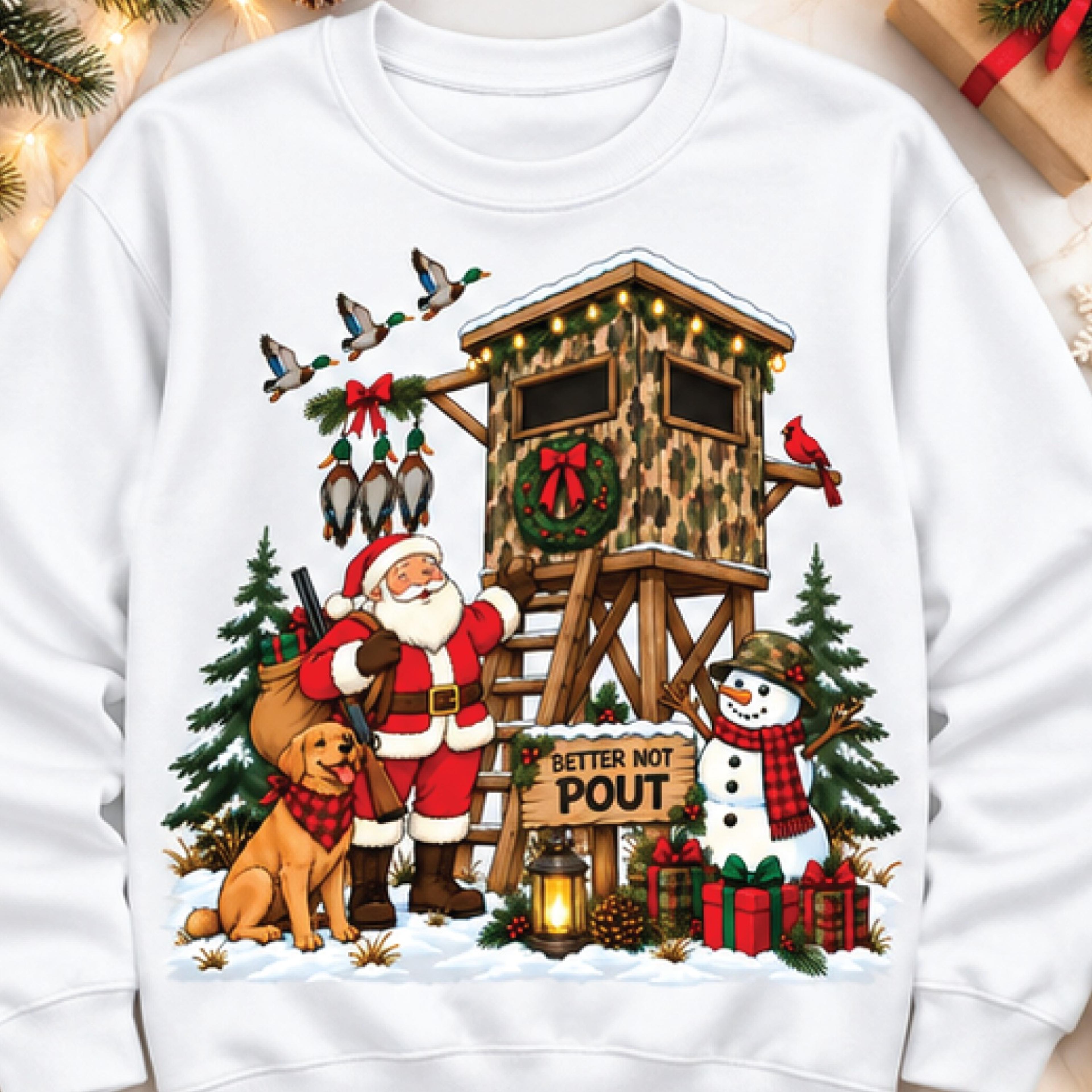 better not pout christmas sweatshirt, santa hunting blind graphic crewneck, funny duck hunter holiday sweater, xmas gift