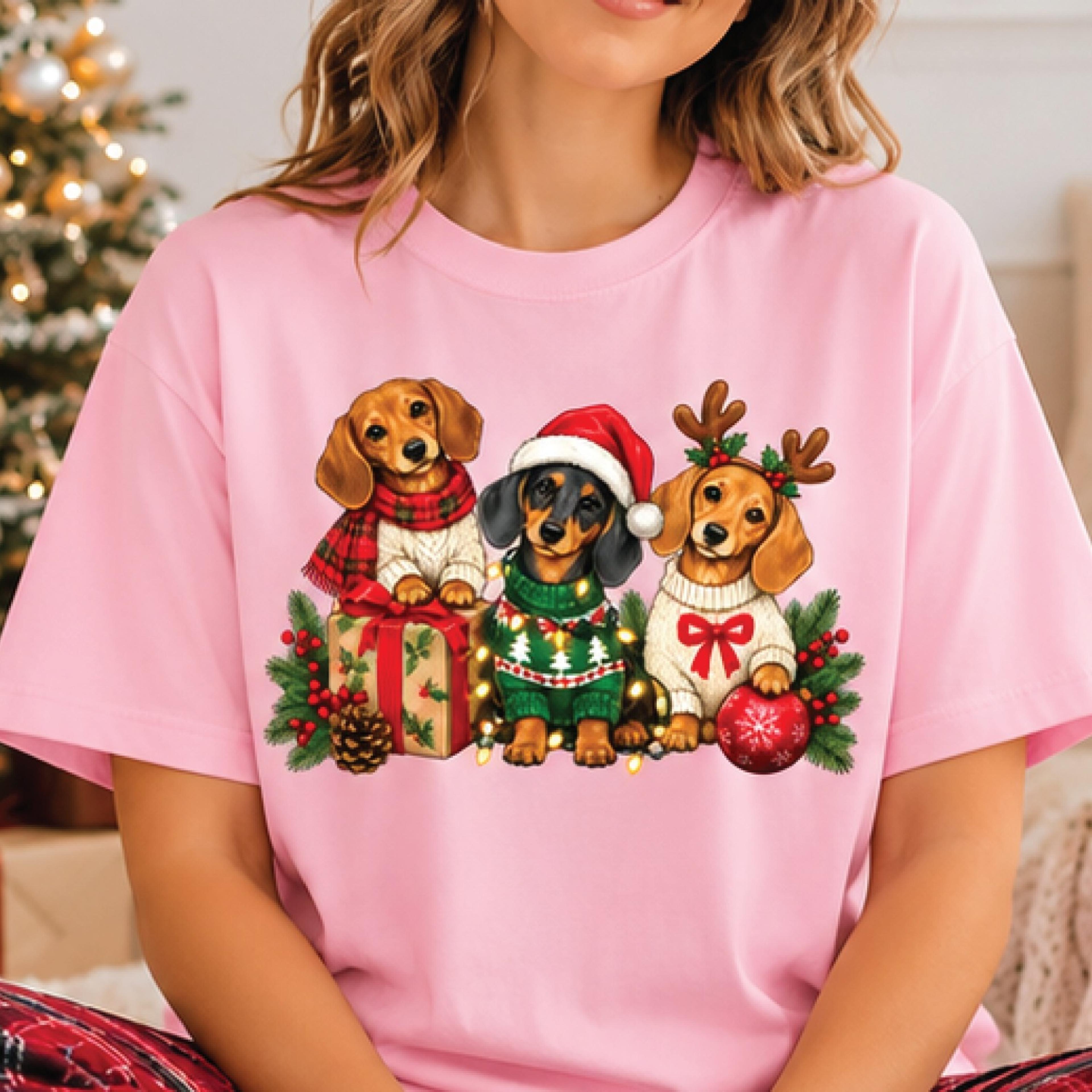 christmas dachshund shirt, cute three wiener dogs holiday graphic tee, festive dog lover gift, funny xmas puppy t-shirt