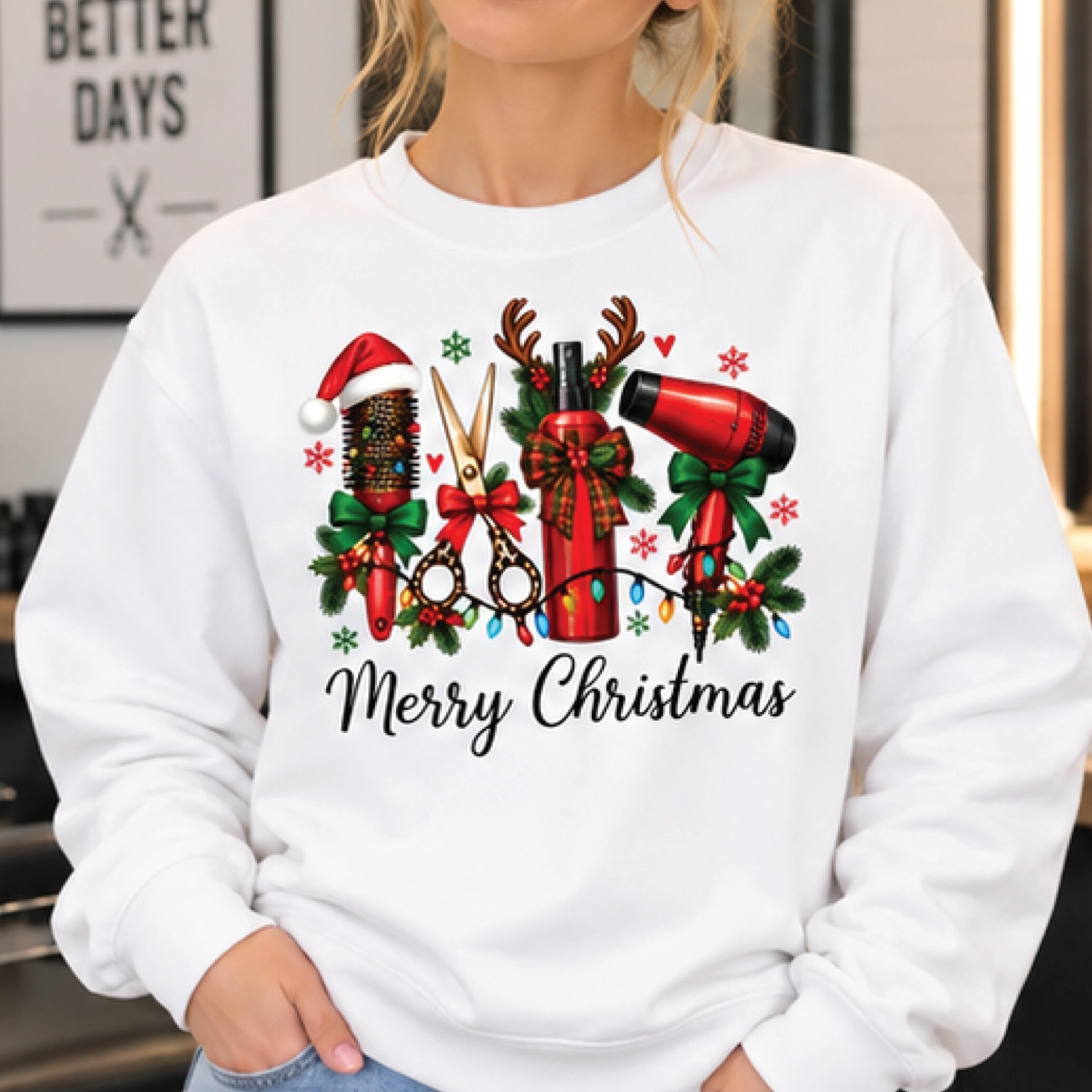 christmas hair stylist sweatshirt, merry christmas hairdresser crewneck, festive salon life sweater, hairstylist xmas