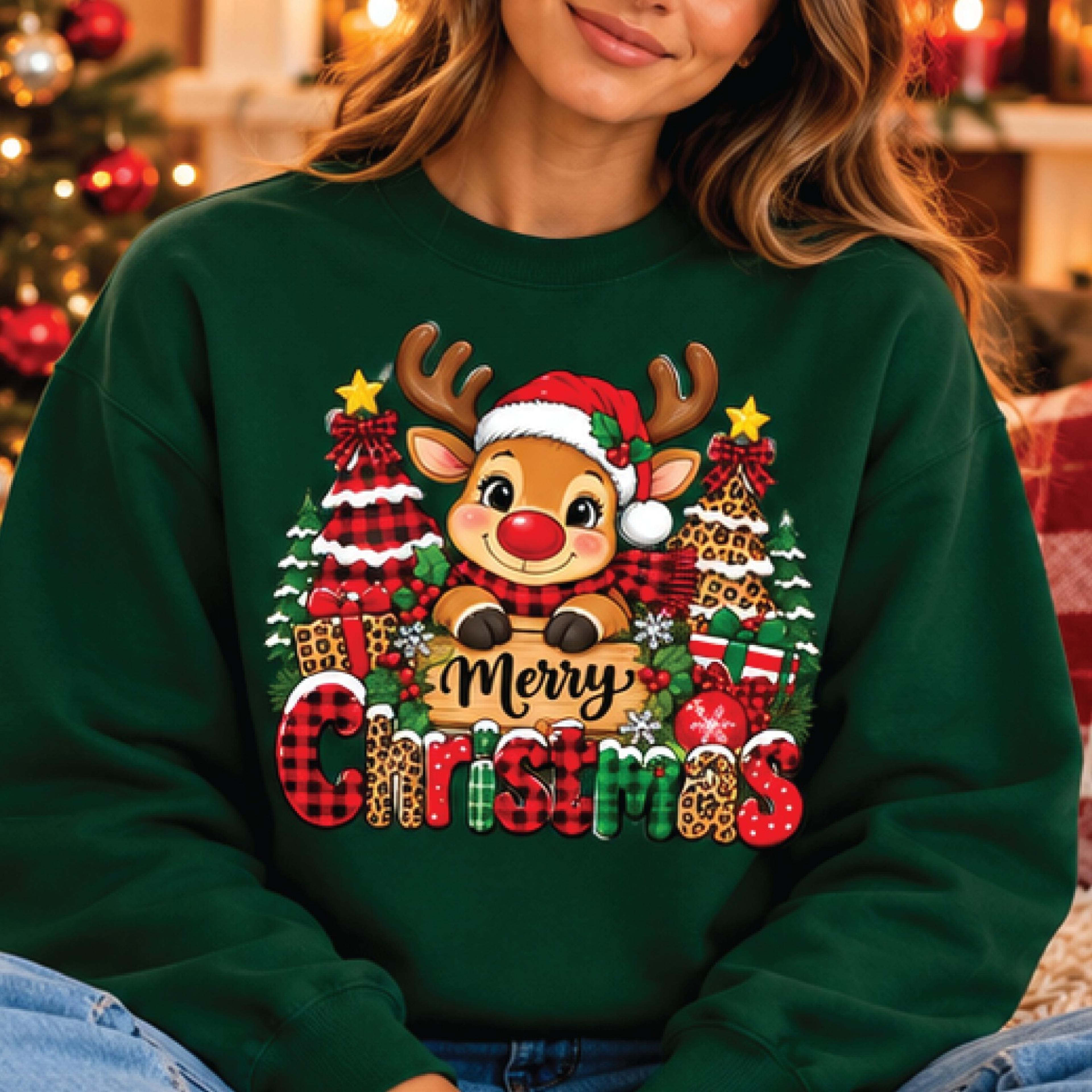 cute reindeer christmas sweatshirt, merry christmas rudolph graphic crewneck, leopard plaid holiday sweater, xmas gift