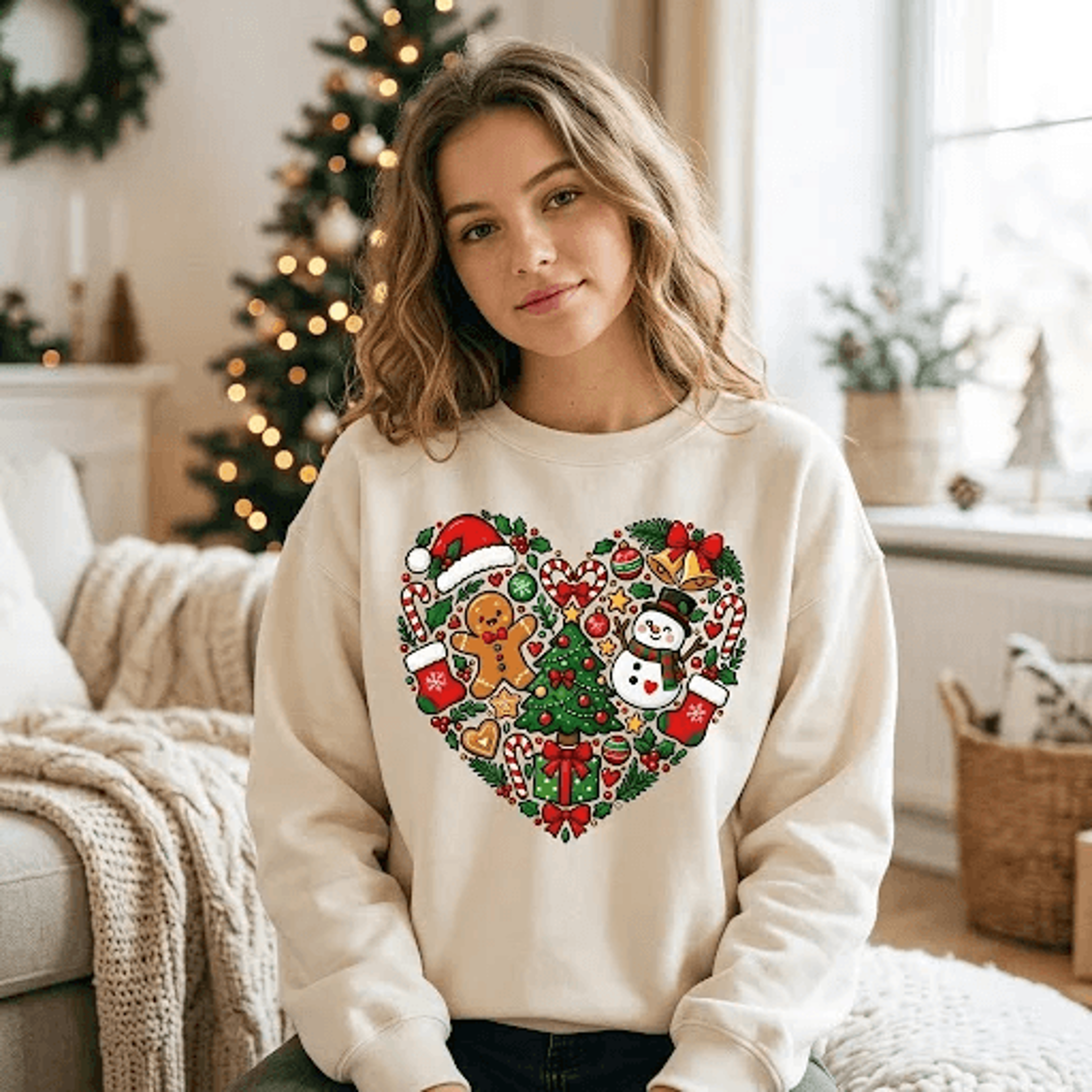 christmas heart sweatshirt, cute santa snowman gingerbread holiday crewneck, festive christmas graphic sweater, xmas