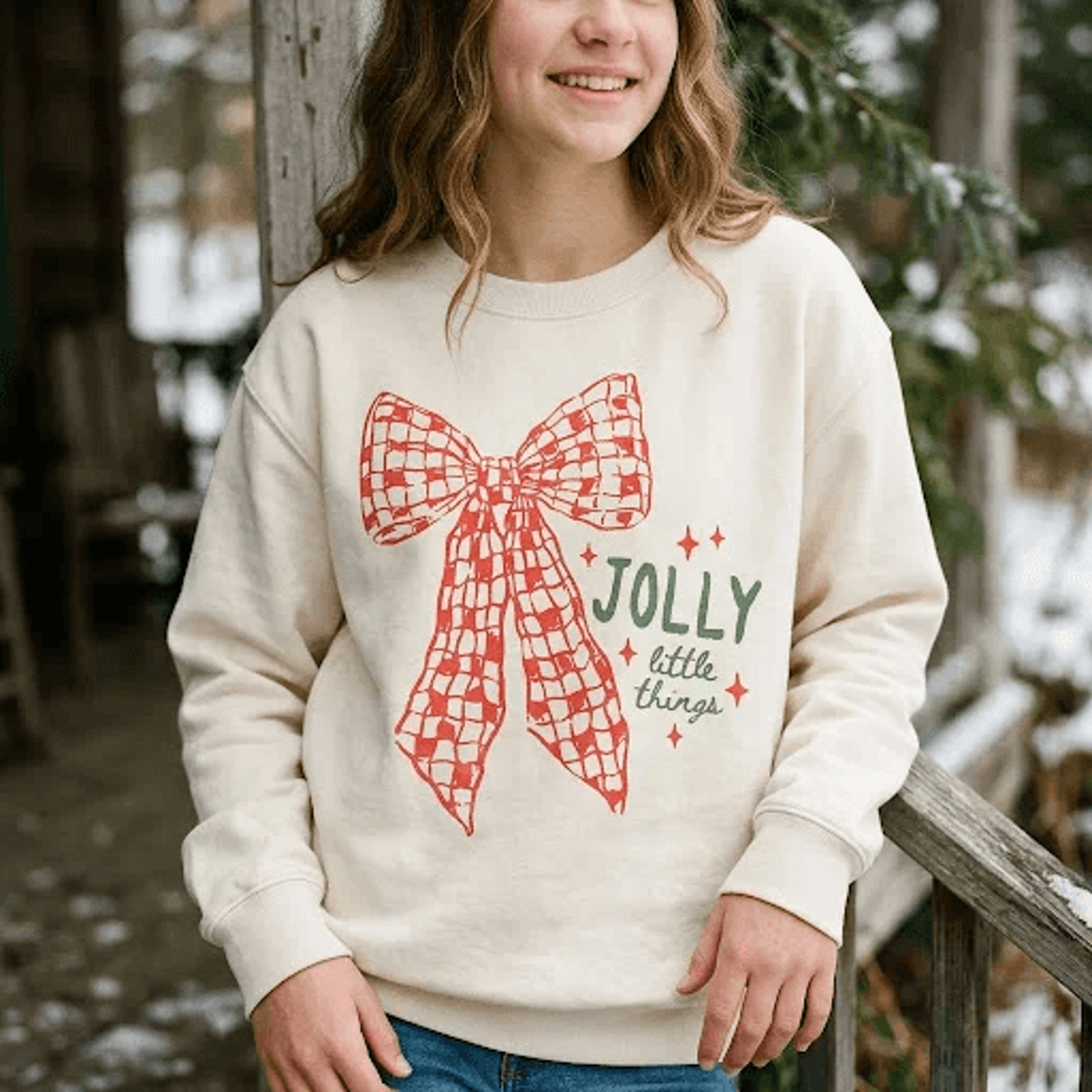 jolly little thing christmas sweatshirt, cute red plaid bow holiday crewneck, coquette xmas graphic sweater, festive