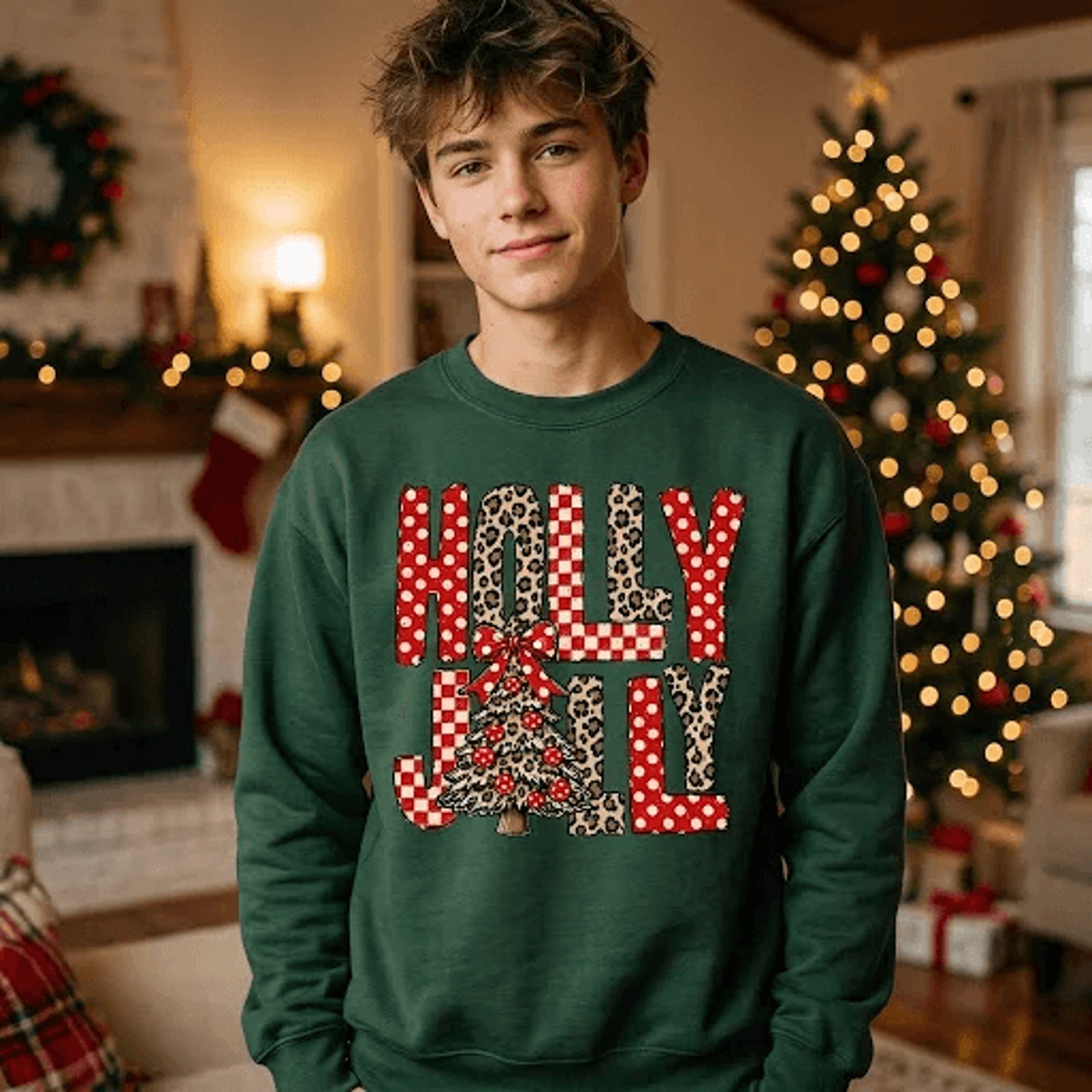 holly jolly christmas sweatshirt, leopard print buffalo plaid holiday crewneck, cute christmas tree graphic sweater