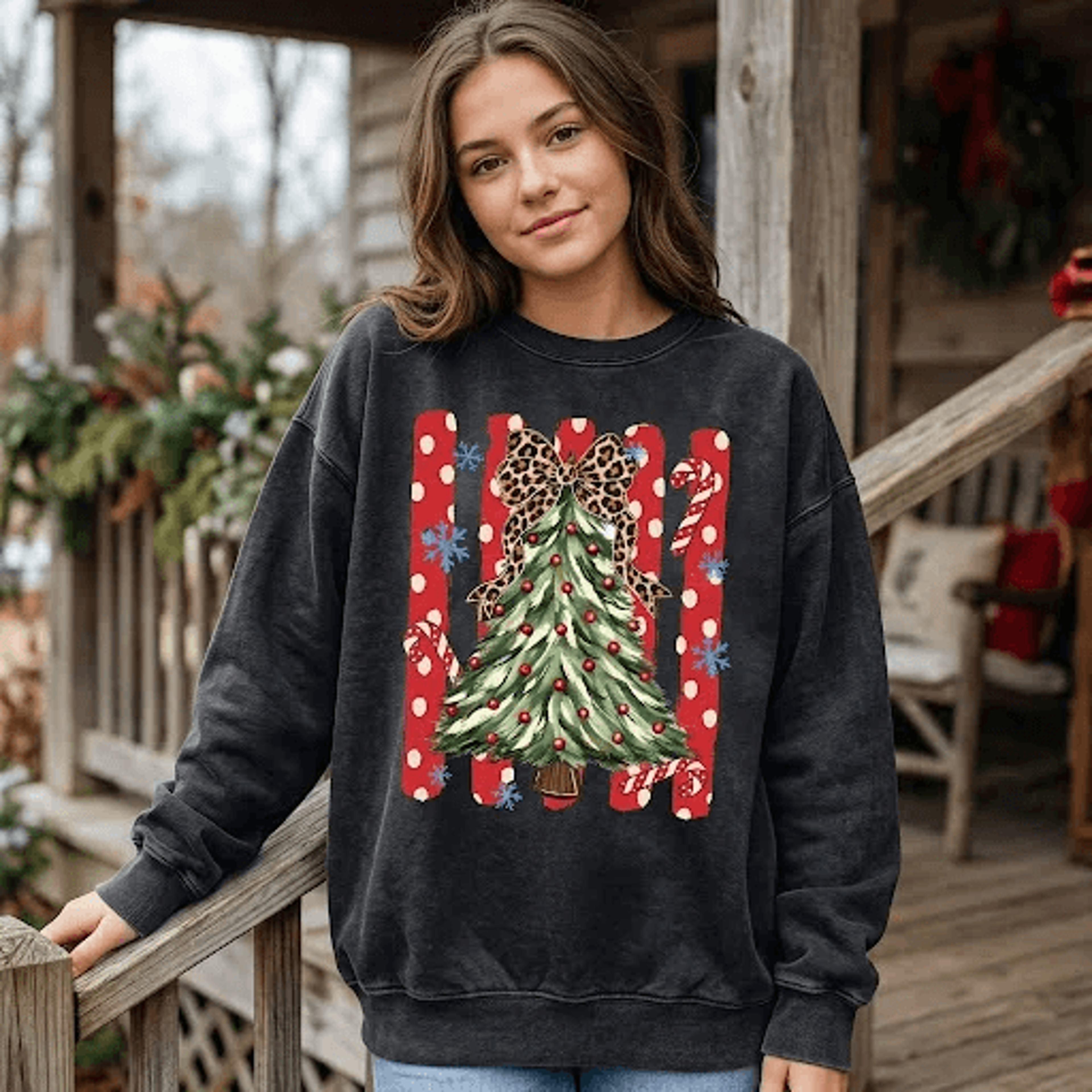 christmas tree sweatshirt, leopard bow christmas graphic crewneck, retro polka dot holiday sweater, cute festive xmas