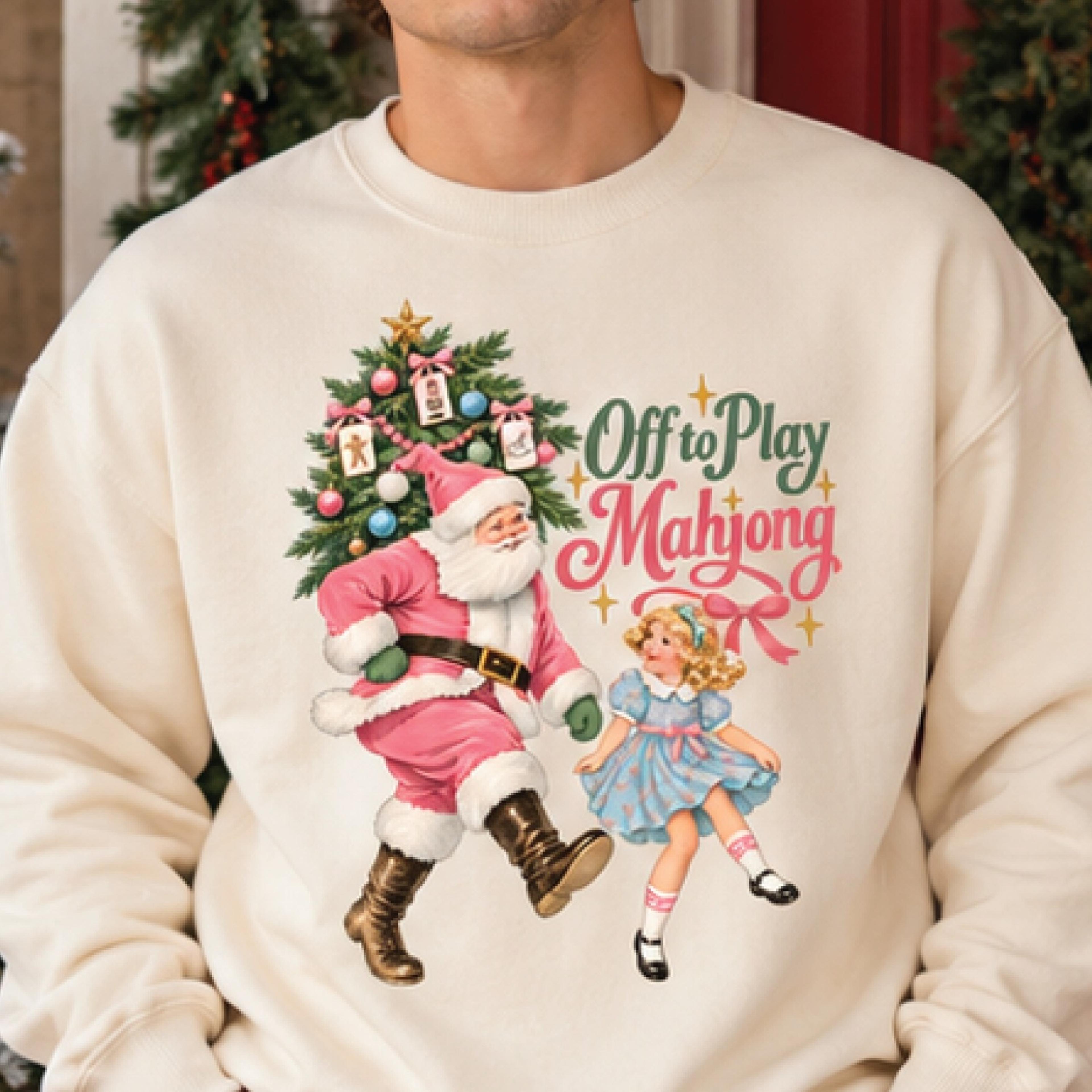 off to play mahjong christmas sweatshirt, vintage santa holiday crewneck, retro mahjong lover gift, festive unisex pullo