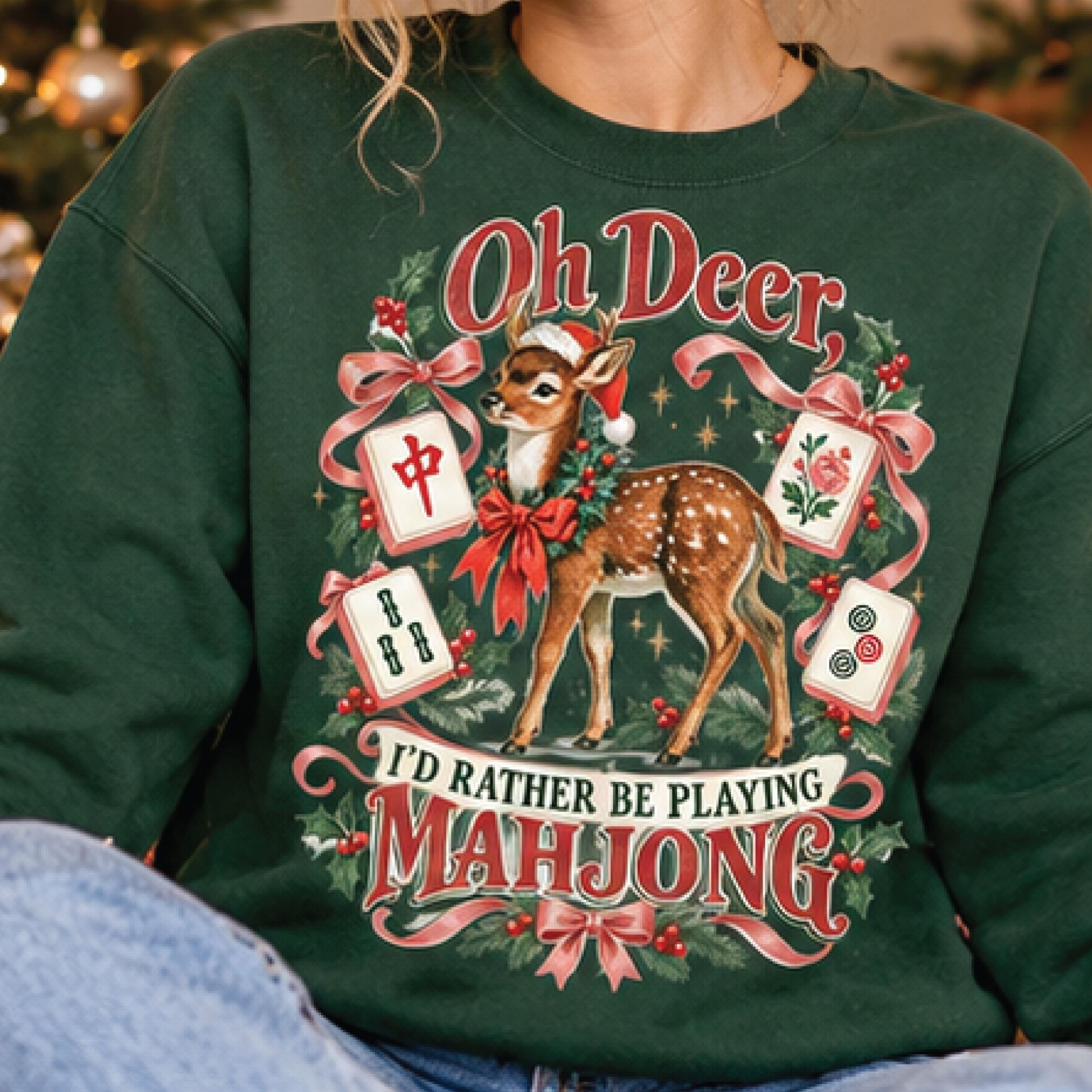 oh deer i'd rather be playing mahjong christmas sweatshirt, funny reindeer holiday crewneck, retro mahjong lover gift