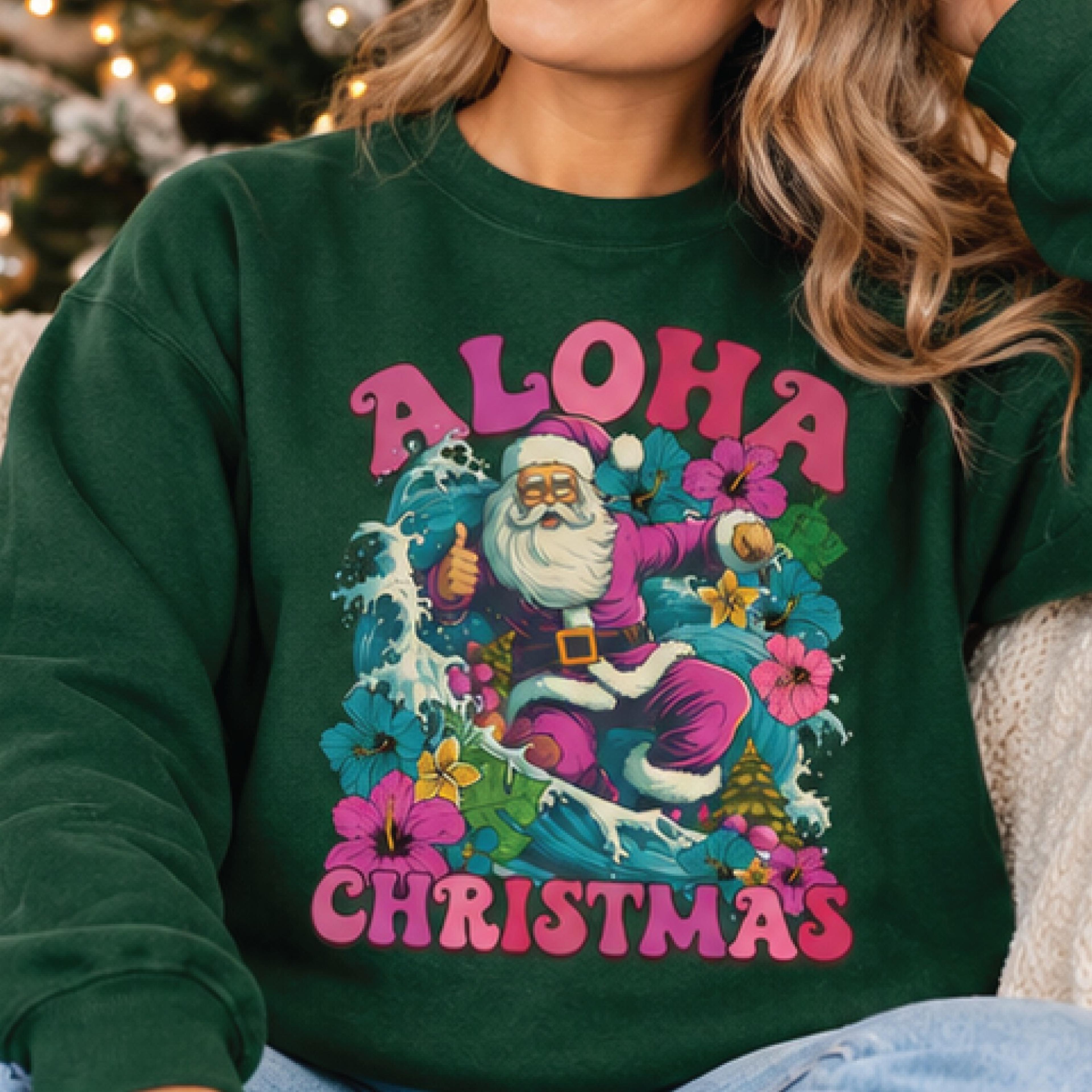 aloha christmas sweatshirt, retro hawaiian santa holiday crewneck, tropical christmas graphic sweater, unisex xmas gift