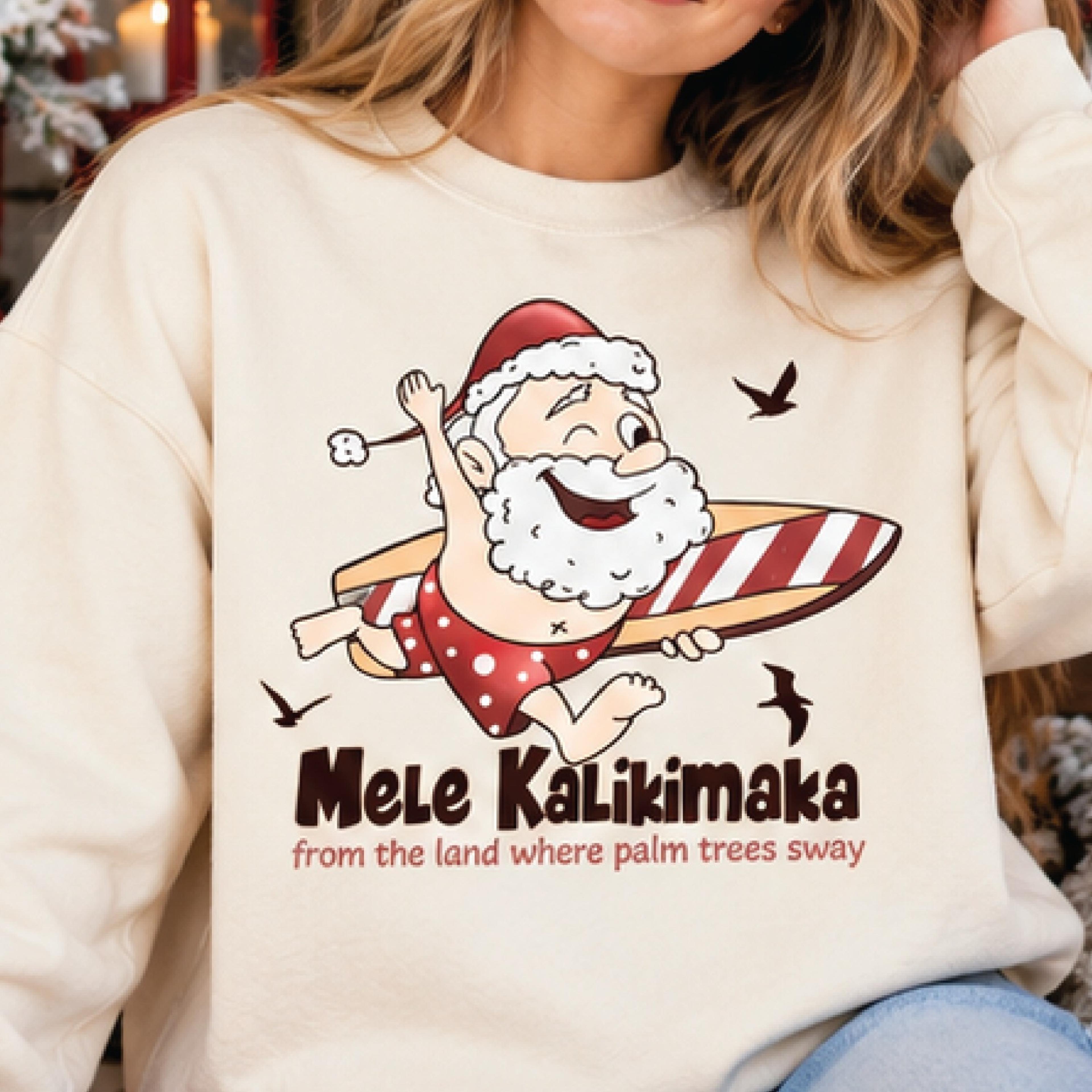 mele kalikimaka christmas sweatshirt, retro surfing santa crewneck, hawaiian holiday sweater, tropical christmas gift