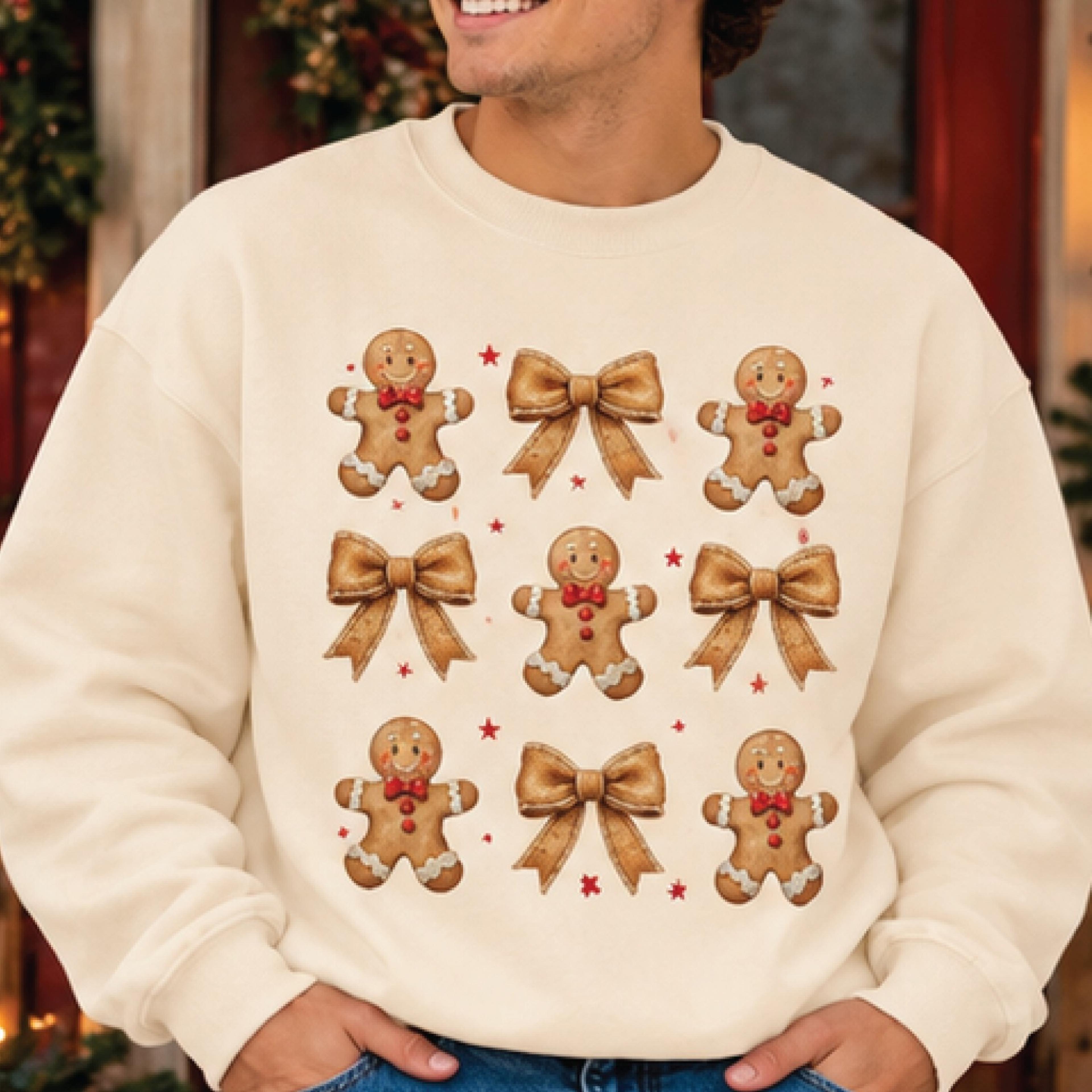 gingerbread bow christmas sweatshirt, cute gingerbread man crewneck, coquette holiday pullover, retro christmas gift