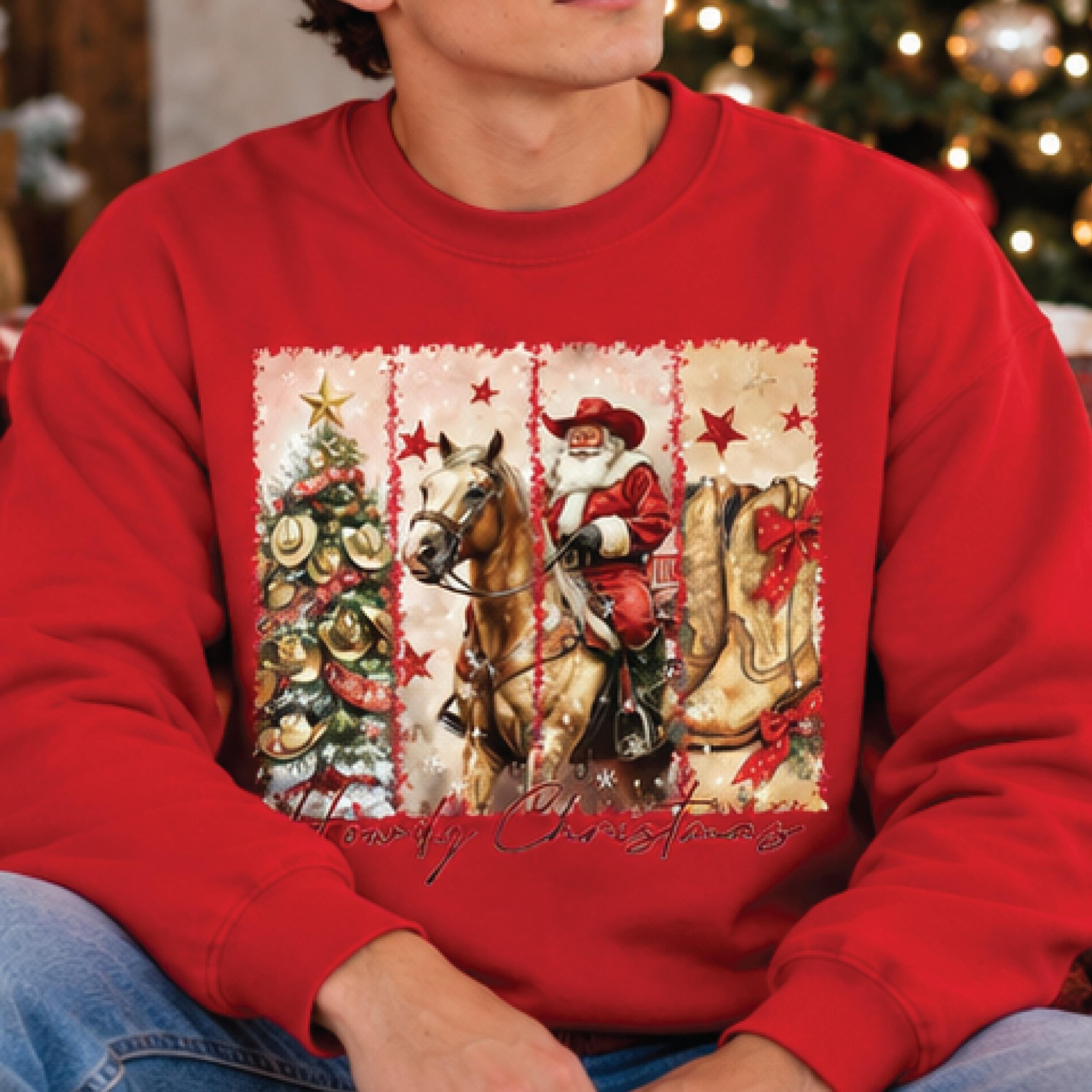 cowboy santa christmas sweatshirt, western christmas graphic crewneck, horse and cowboy boots holiday pullover, unisex