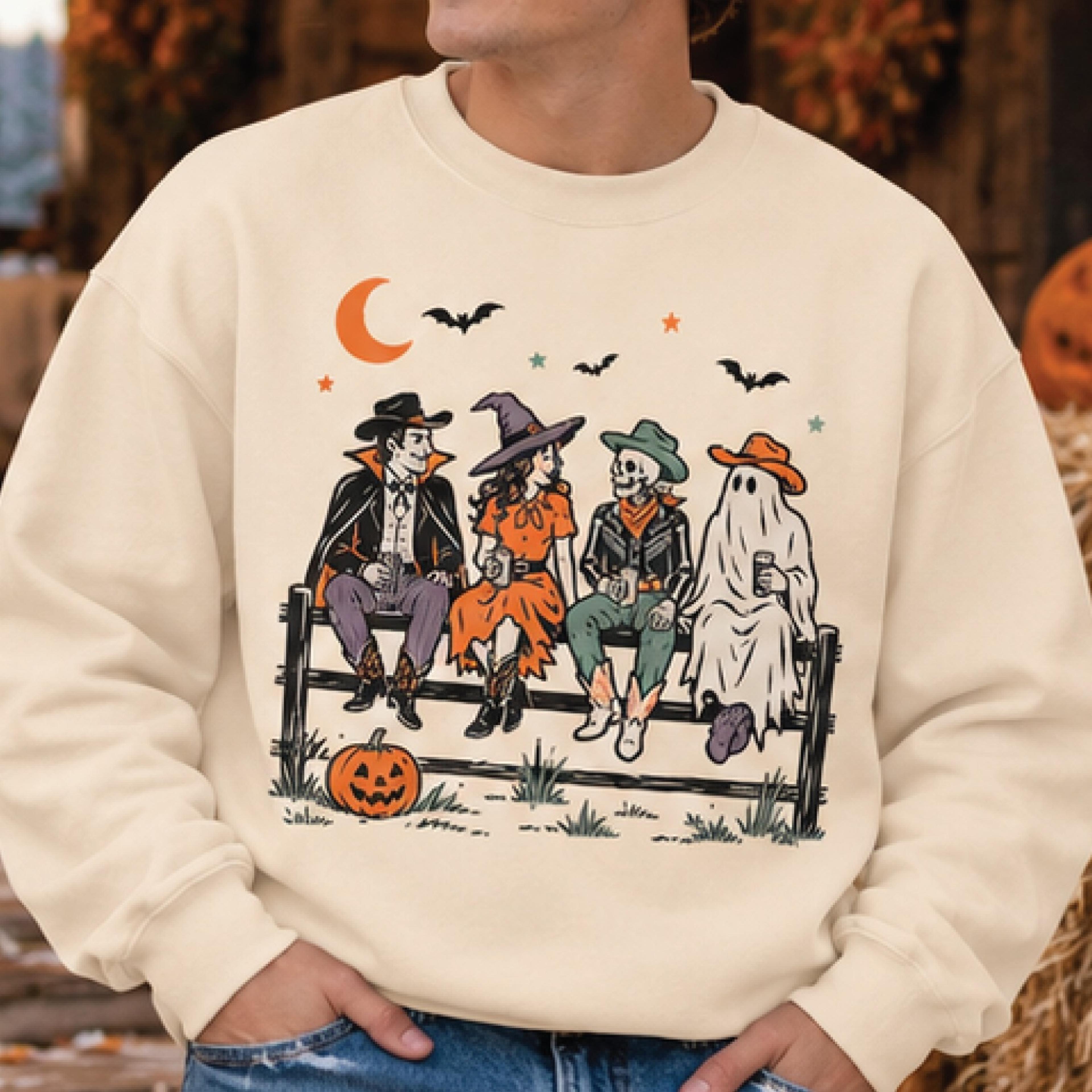 vintage halloween sweatshirt, retro spooky friends graphic pullover, witch ghost vampire skeleton halloween shirt
