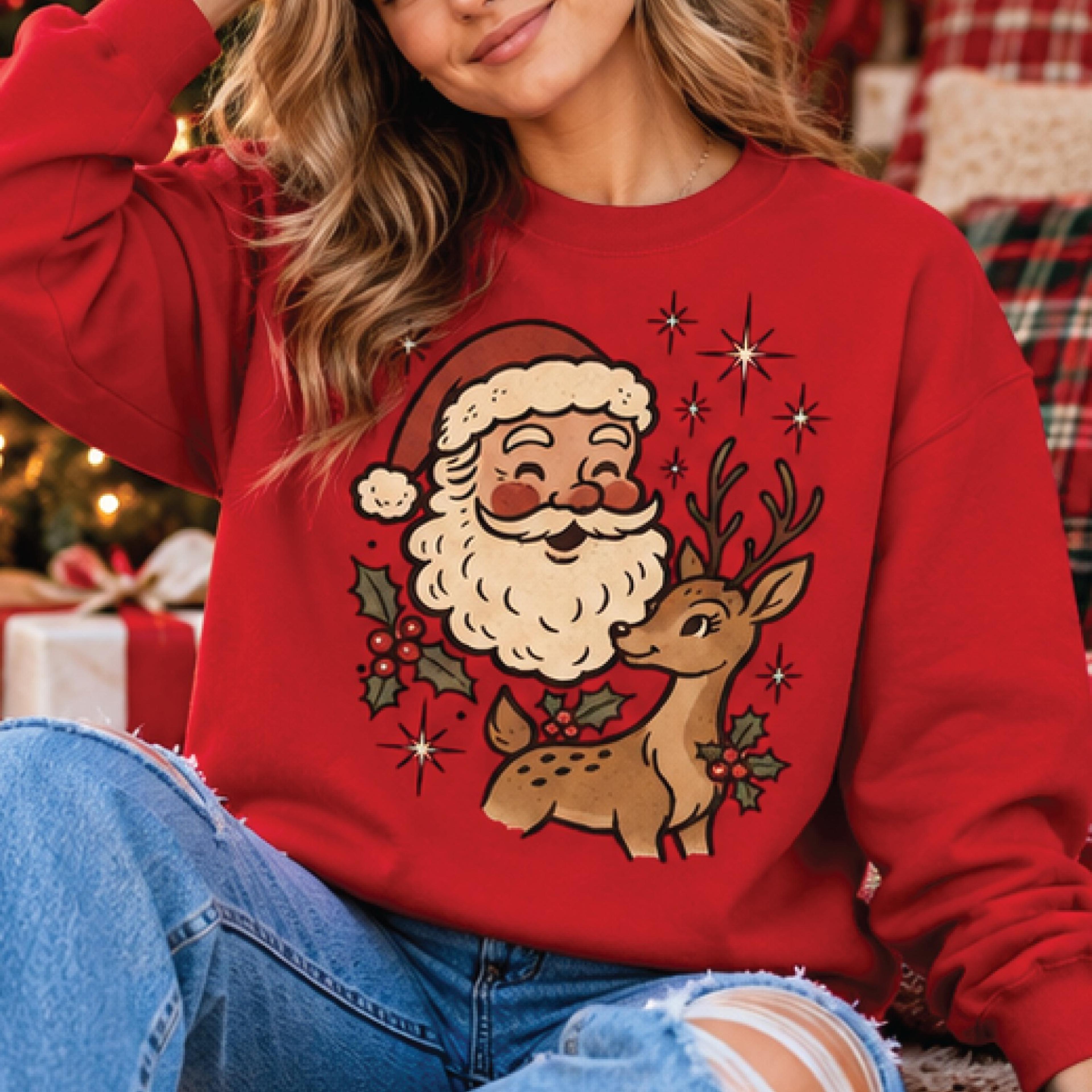 vintage santa and reindeer christmas sweatshirt, retro christmas graphic pullover, cute holiday sweater, unisex xmas