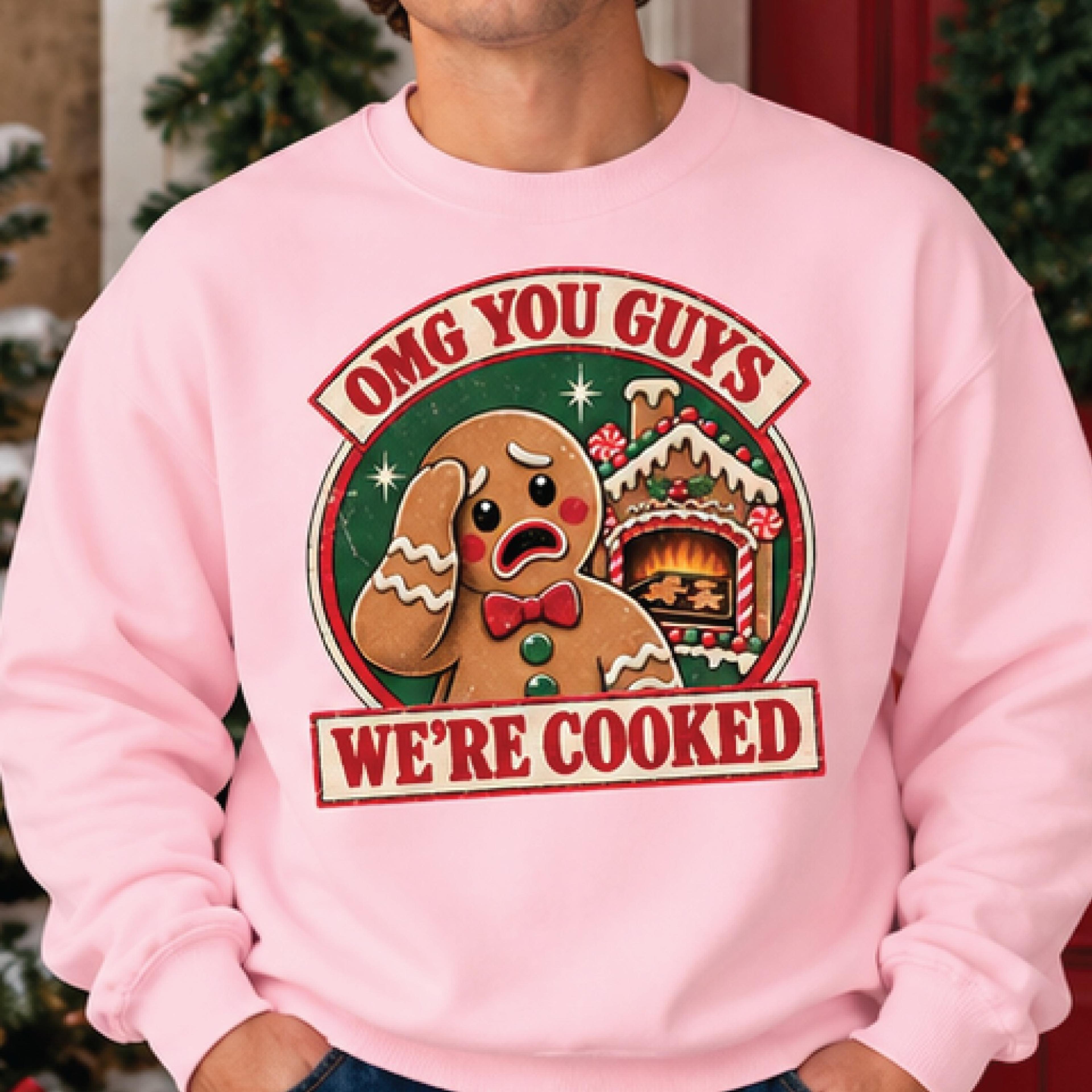 funny gingerbread christmas sweatshirt, omg you guys we're cooked graphic pullover, sarcastic holiday sweater, unisex