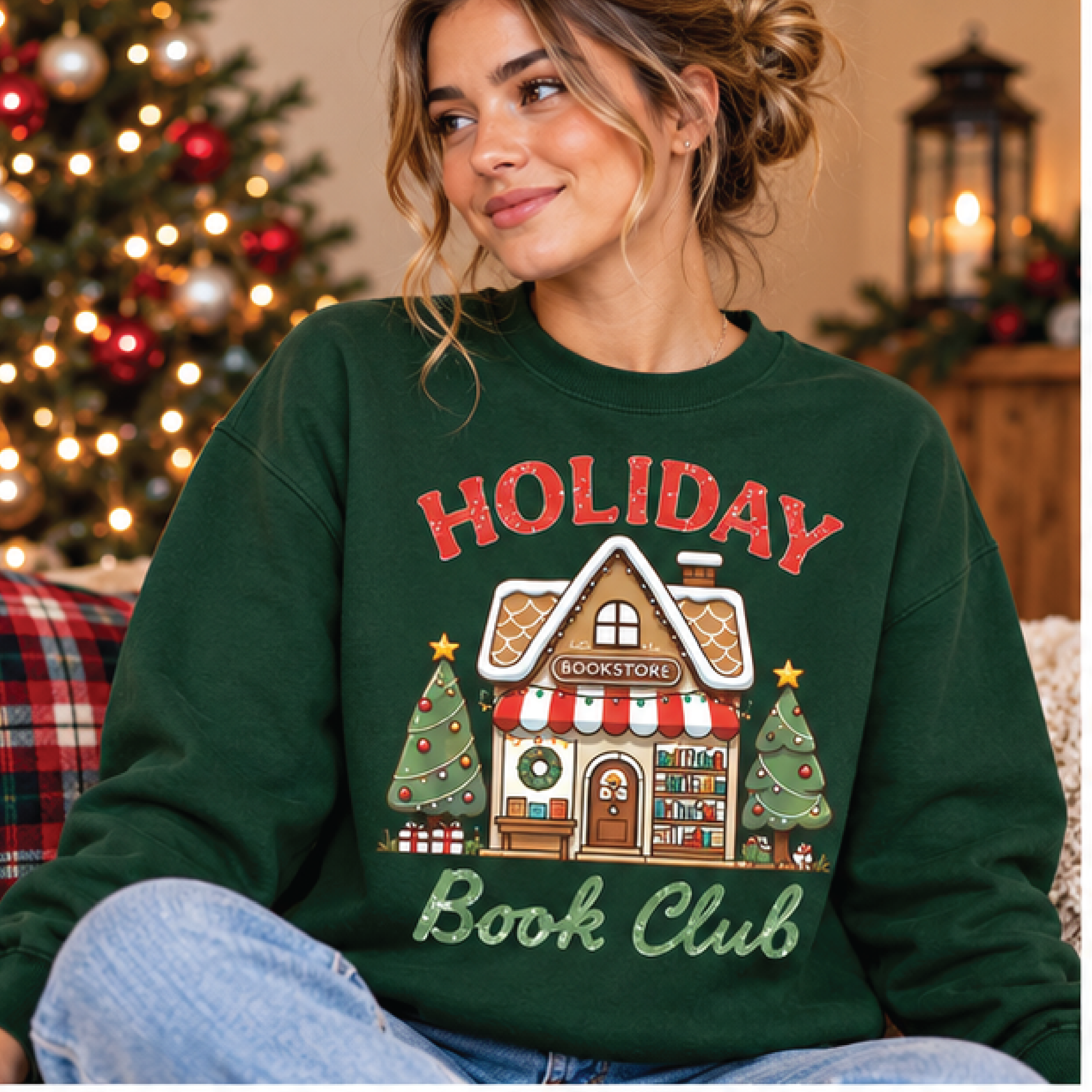 holiday book club christmas sweatshirt, cute christmas bookstore graphic pullover, cozy book lover gift, unisex reader