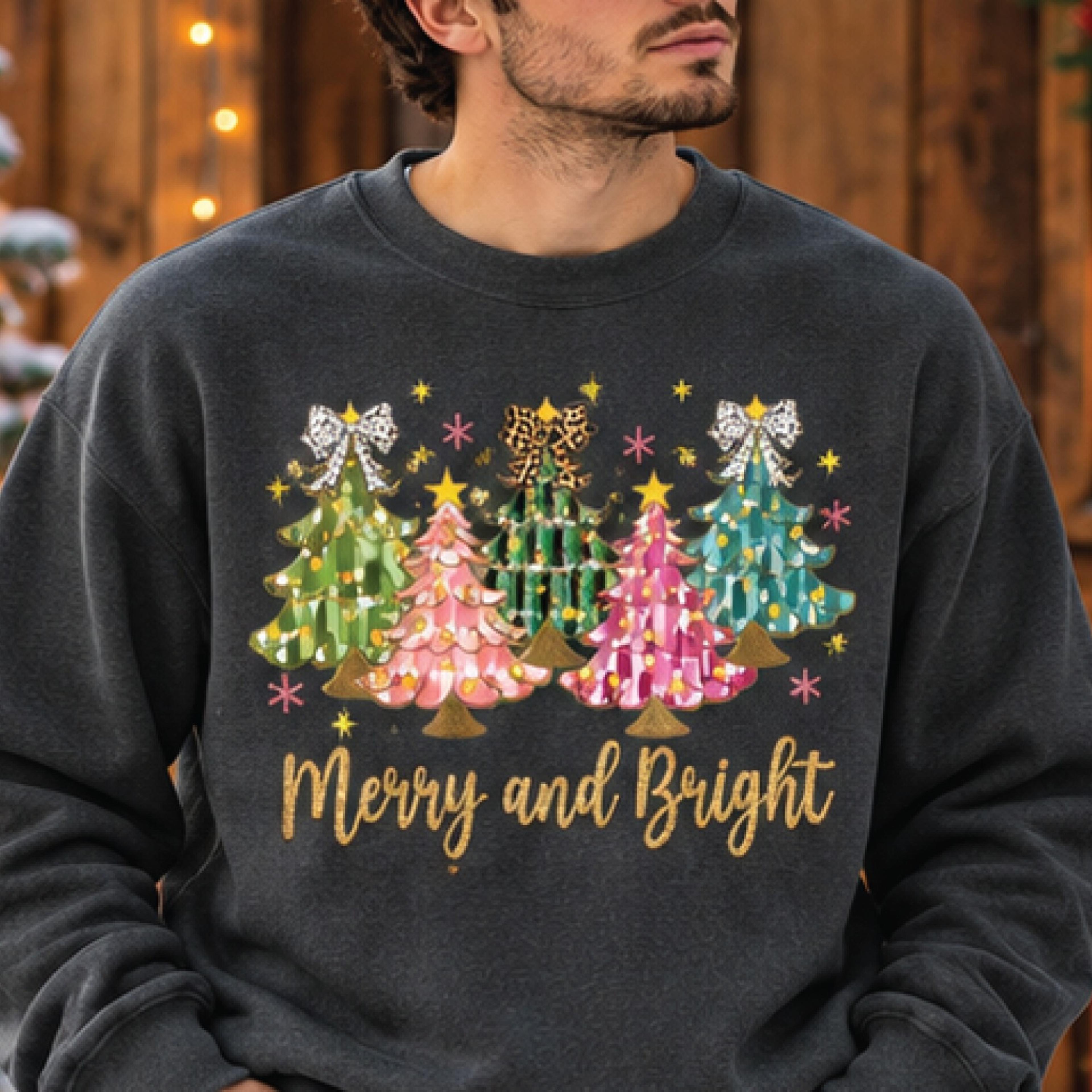 merry and bright christmas sweatshirt, colorful christmas trees with bows graphic pullover, coquette holiday sweat