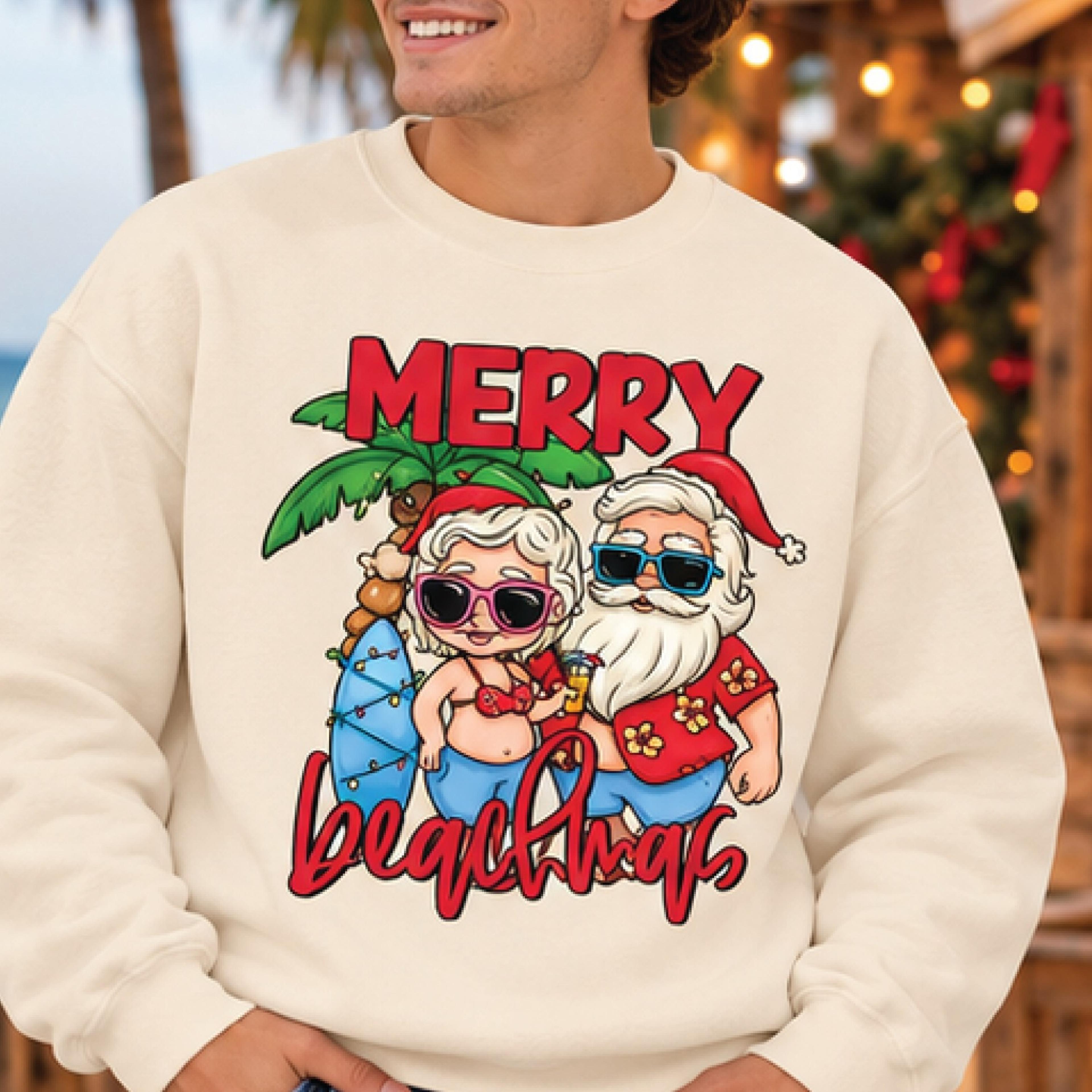 merry beachmas christmas sweatshirt, tropical santa and mrs claus graphic pullover, funny beach holiday sweater, unisex
