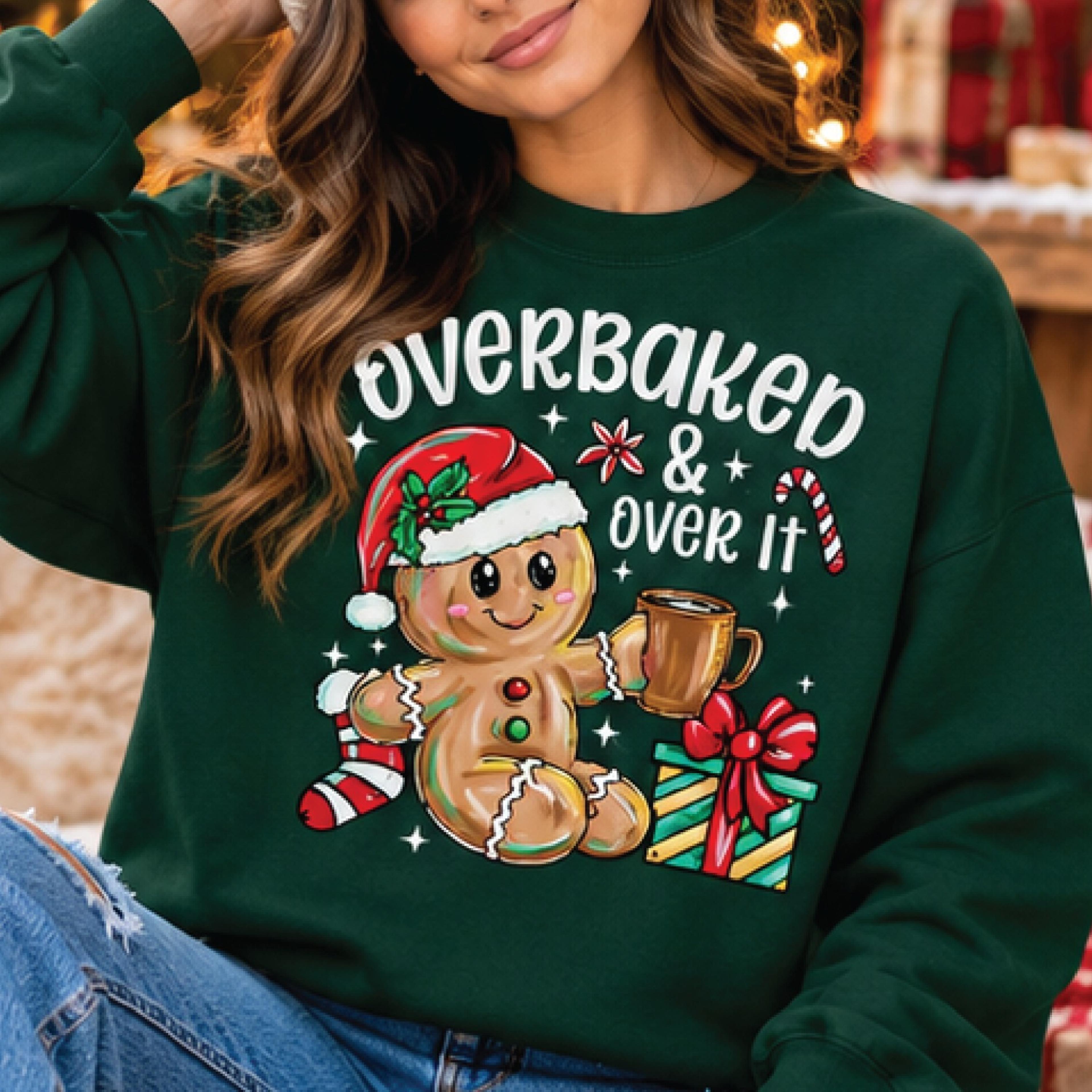 overbaked and over it christmas sweatshirt, funny gingerbread man graphic pullover, cute holiday humor sweater, unisex