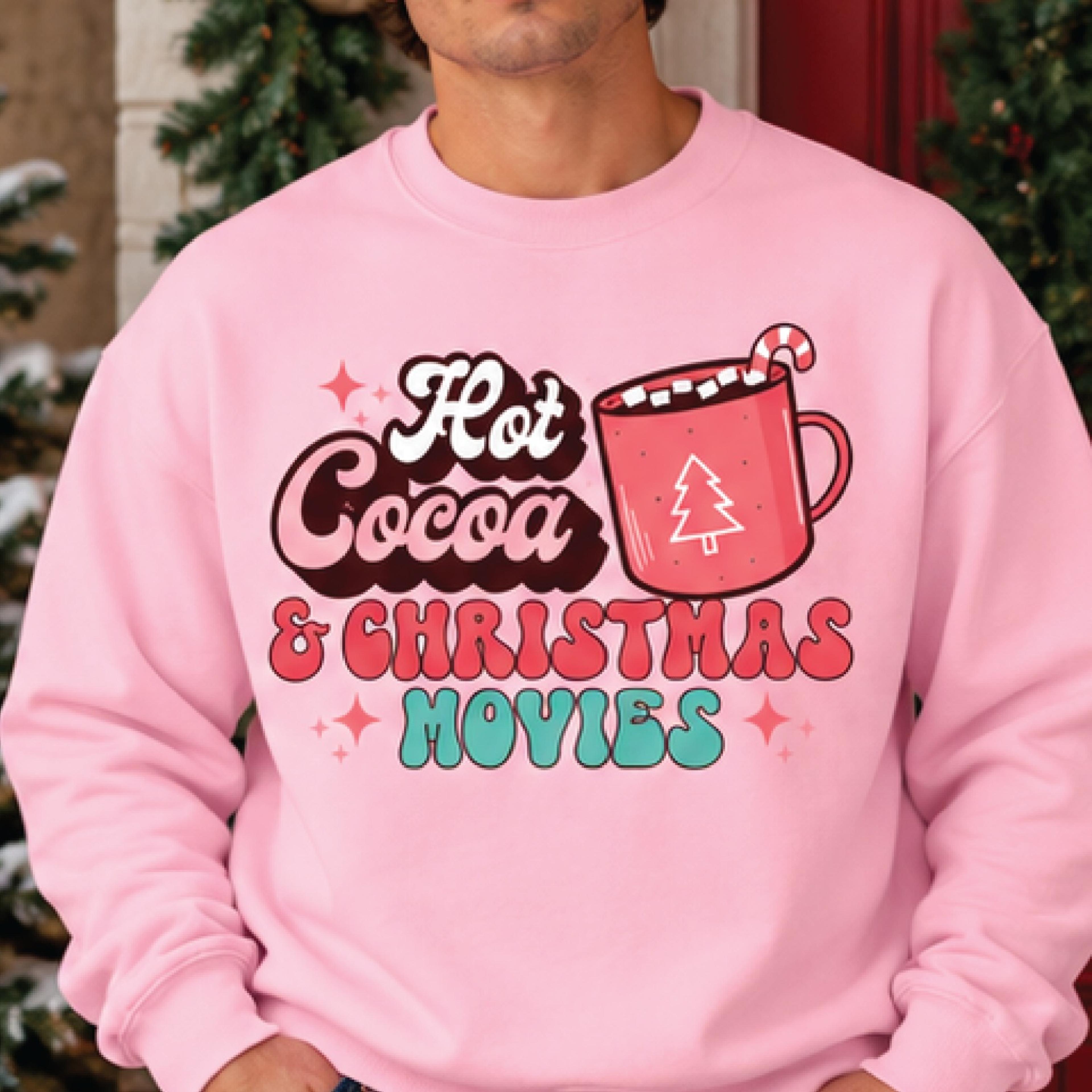 hot cocoa and christmas movies sweatshirt, cute holiday movie night graphic pullover, cozy christmas sweatshirt, unisex