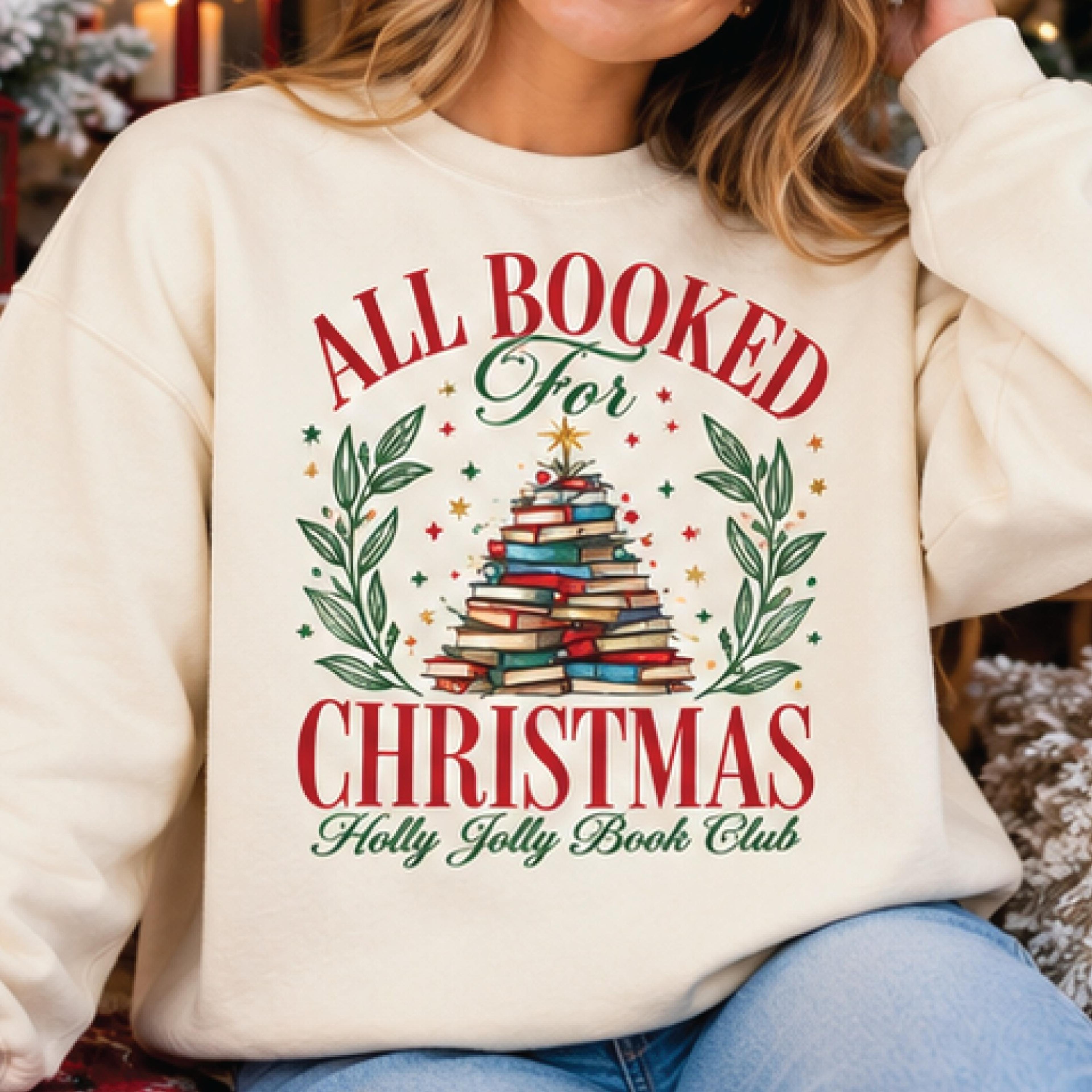 all booked for christmas sweatshirt, holly jolly book club graphic pullover, festive book lover sweater, unisex holiday